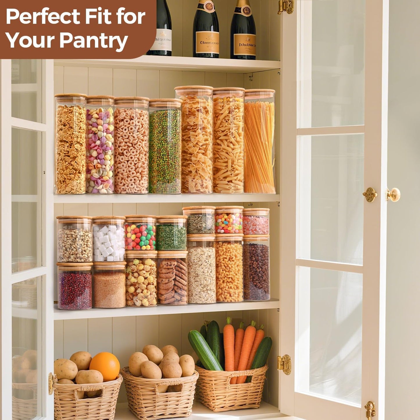 ComSaf 1 Qt Glass Storage Containers with Lids, Glass Jars with Lids, Clear Food Storage Jar, Round Canister Set of 6, Pantry Organizers for Cookie Pasta Flour Rice Tea Coffee Bean