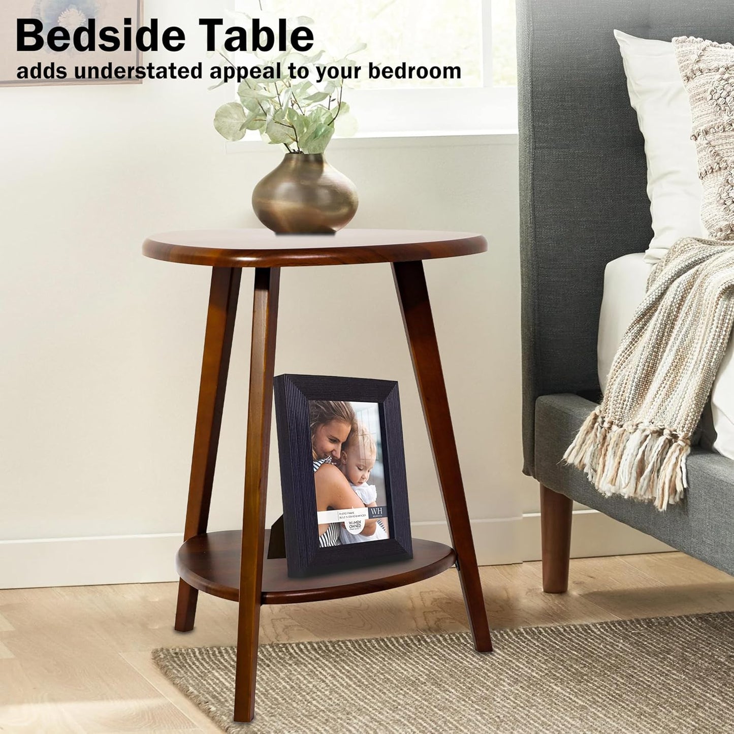 Wood Side Table, Small End Table with Storage Shelf, Accent Table for Living Room, Solid Wood Legs, Walnut