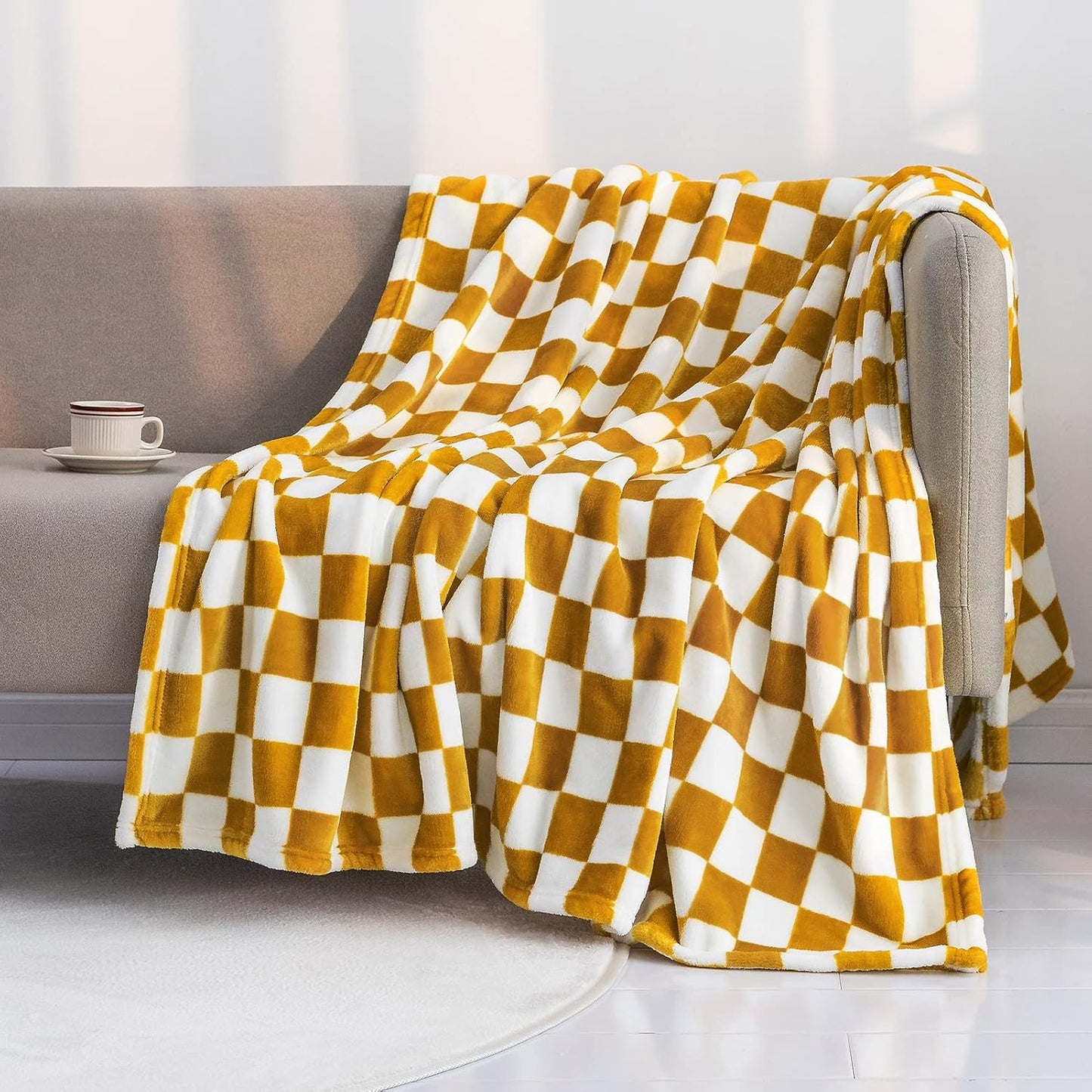 LOMAO Throw Blankets Flannel Blanket with Checkerboard Grid Pattern Soft Throw Blanket for Couch, Bed, Sofa Luxurious Warm and Cozy for All Seasons (Yellow, 90"x90")