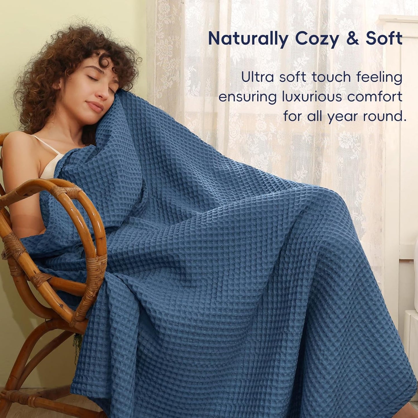 PHF Ultra Soft Waffle Weave Blanket King Size 104"x 90"- Washed Lightweight Breathablee Cozy Woven Blanket - Great for Couch Bed Sofa Home Car - Navy Blue