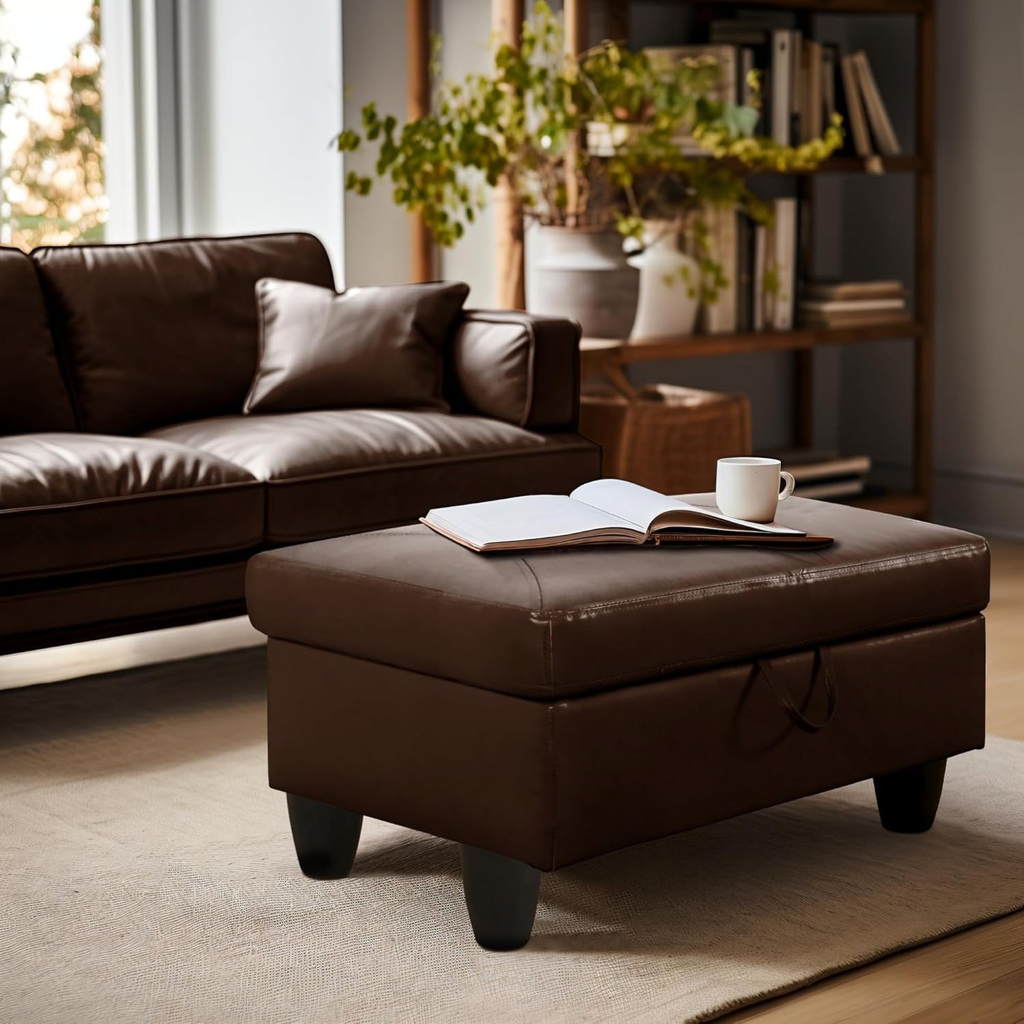 Ottoman Rectangular Storage Ottoman Bench, Faux Leather Footrest, Coffee Table, Stool Footstool with Hinged Lid for Living Room, Bedroom, Entryway, Brown, 28.5"x19"x17.5"