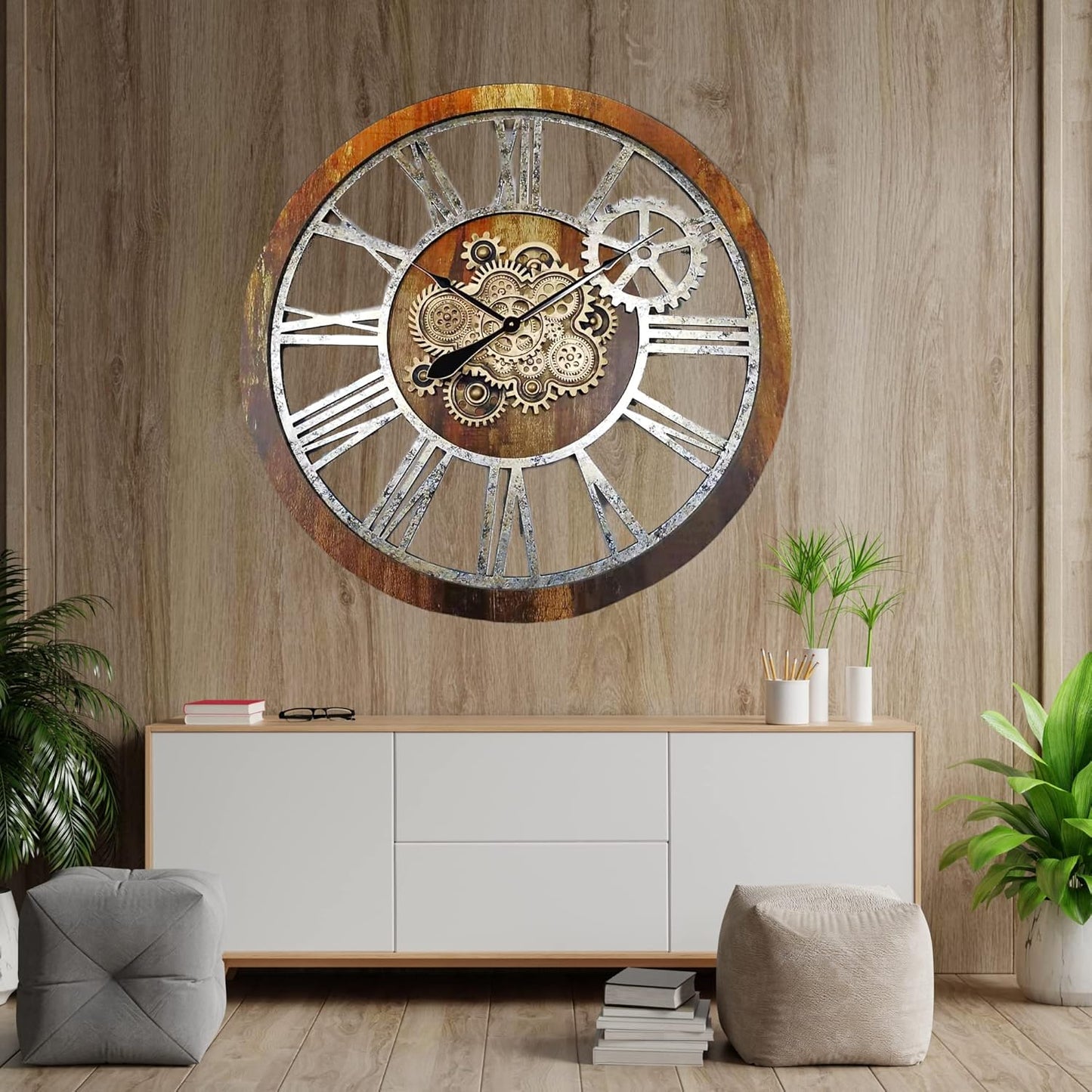 The Gears Clock 36'' Inch Real Moving Gear Wall Clock Vintage Industrial Oversized Rustic Farmhouse (Vintage Brown)