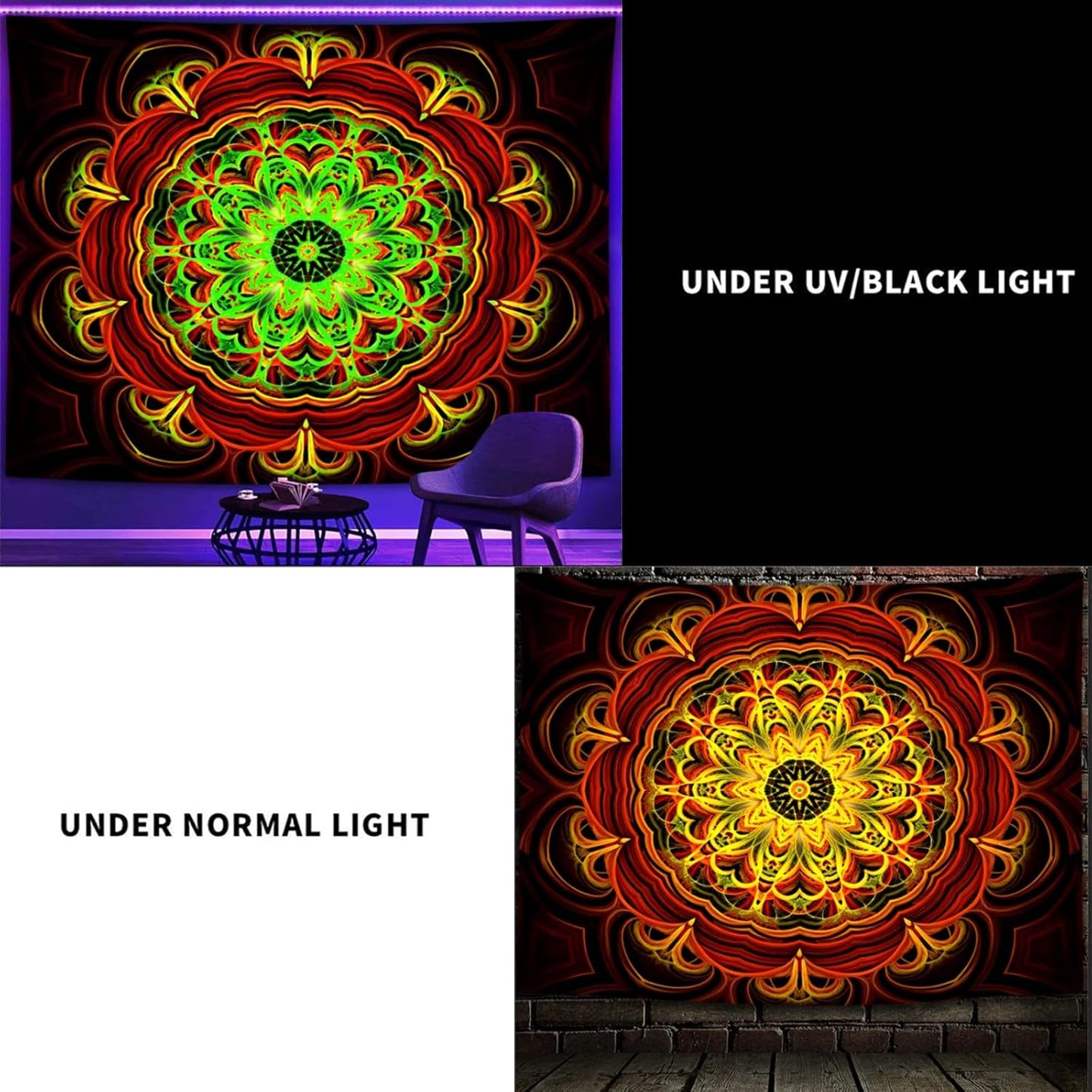 Blacklight Mandala Tapestry Wall Hanging, Psychedelic Black Light Posters for Adults and Teens, UV Reactive Aesthetic Golden Art for Bedroom (60 x 50 Inches)