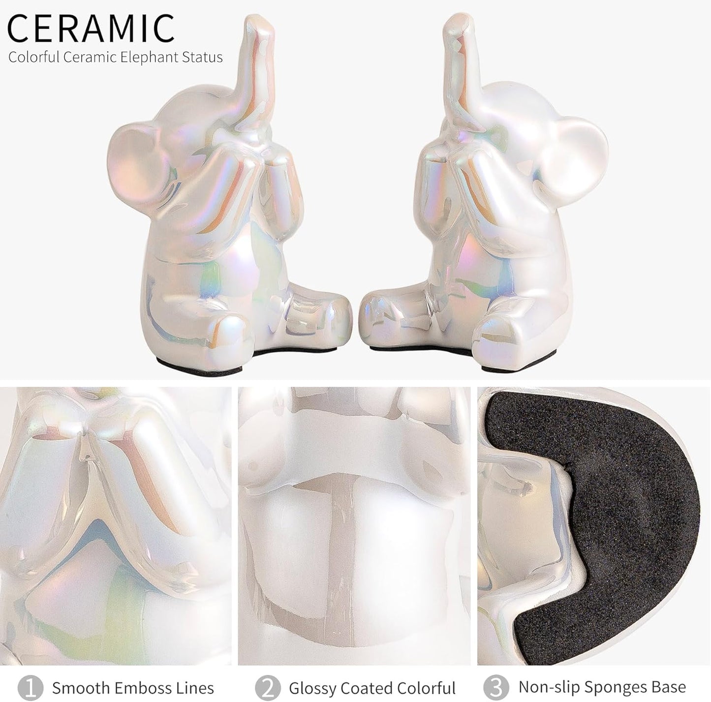 Colorful White Loving Pair of Small Elephant Statues Silver Home Decor Modern Boho Style Figurine Decorative Ornaments for Living Room, Bedroom, Office Desktop, Cabinets, Shelf