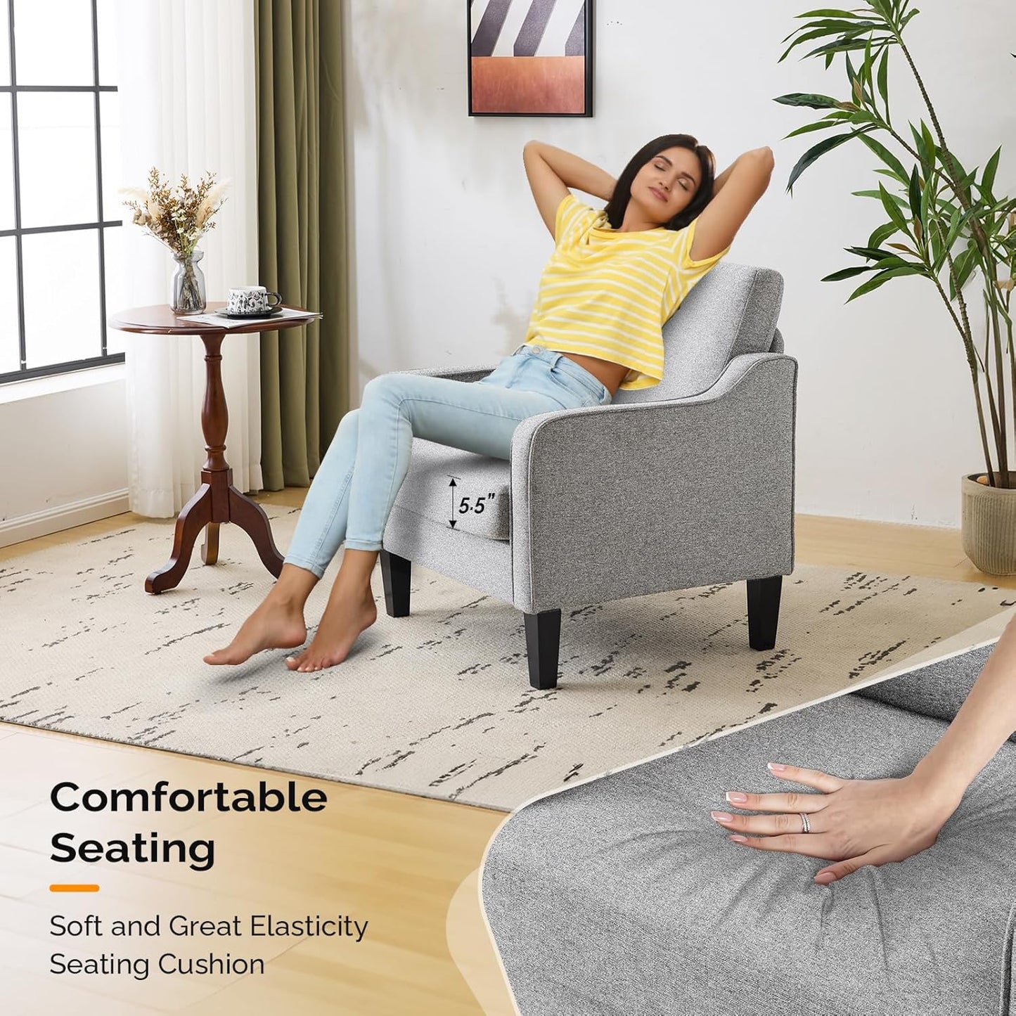 VINGLI Accent Chairs for Living Room Mid Century Modern Chair Sofa Chair Upholstered Arm Chair with Scooped Arms for Bedroom, Apartment, Office, Studio, Waiting Room, Play Room