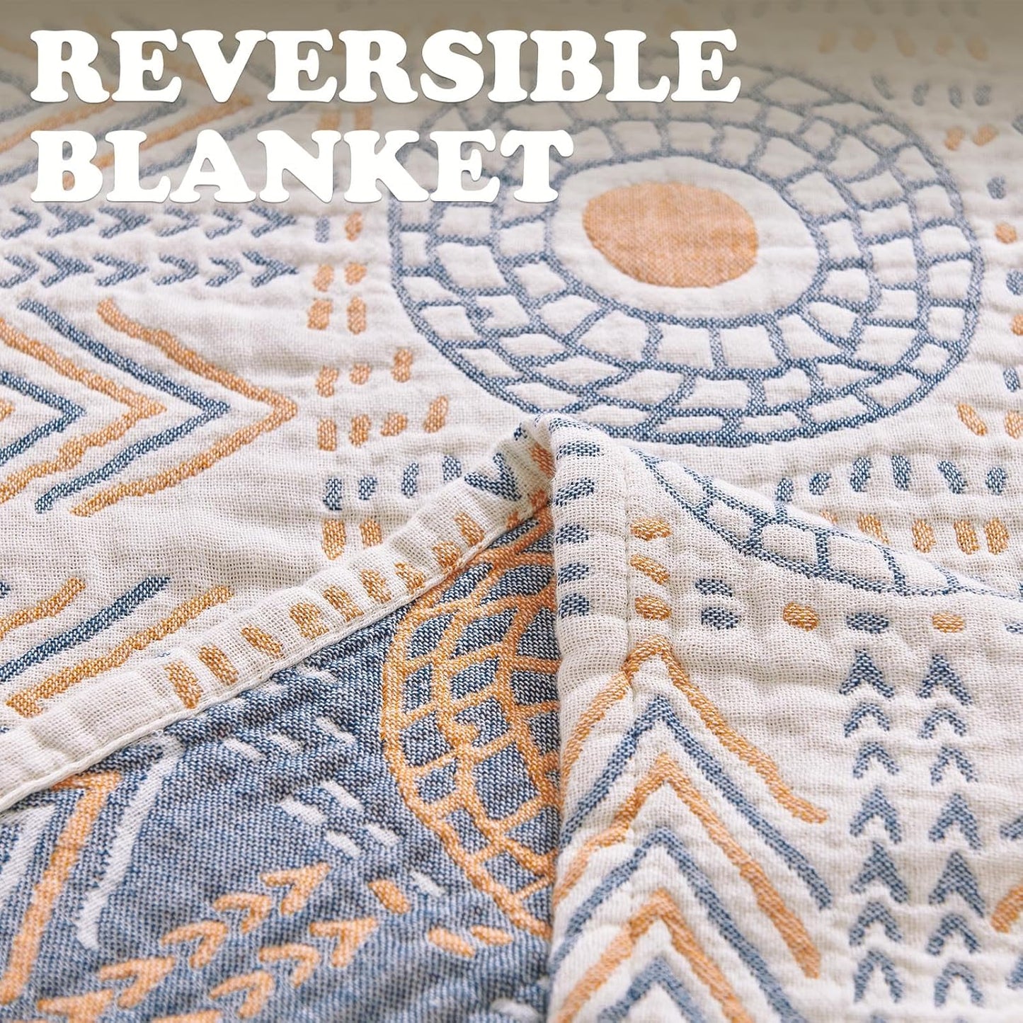 jinchan Boho 100% Cotton Muslin 50x60 Throw Blanket Lightweight 4-Layer Orange Multi Reversible Blanket Washable Breathable Decorative Geometric Striped Pattern Soft Comfy for Couch Bed All Seasons