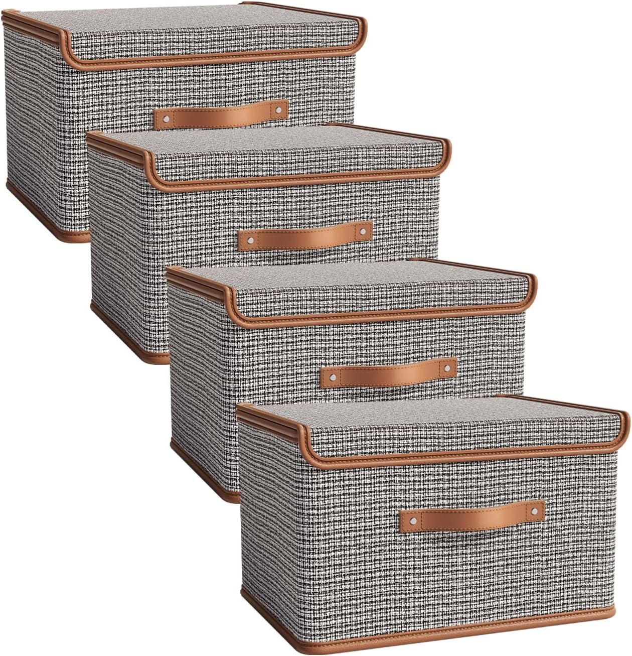 Tuza 4 Pack Storage Bins with Lids, Collapsible Closet Organizer Container, Fabric Organizer Box with Handles, Decorative Storage Boxes with Lids for Organizing Clothes, Blanket, Light Grey, Medium