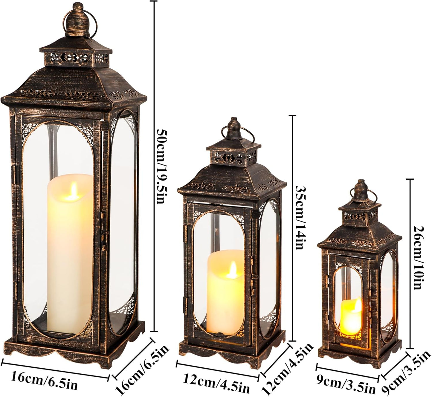 TRIROCKS Set of 3 Vintage Candle Lanterns 10/14/19.5''H Decorative Outdoor Lantern Metal Candle Holder with Tempered Glass for Home Living Room Garden Yard Event Indoor Outdoor (Black with Gold Brush)