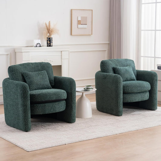 Chenille Accent Armchair Oversize Upholstered Barrel Comfy Modern Round Lounge Sofa Chair with Pillow Cozy Reading Chairs for Apartment,Office,Living Room,Dining,Makeup,Club,Green 2SET