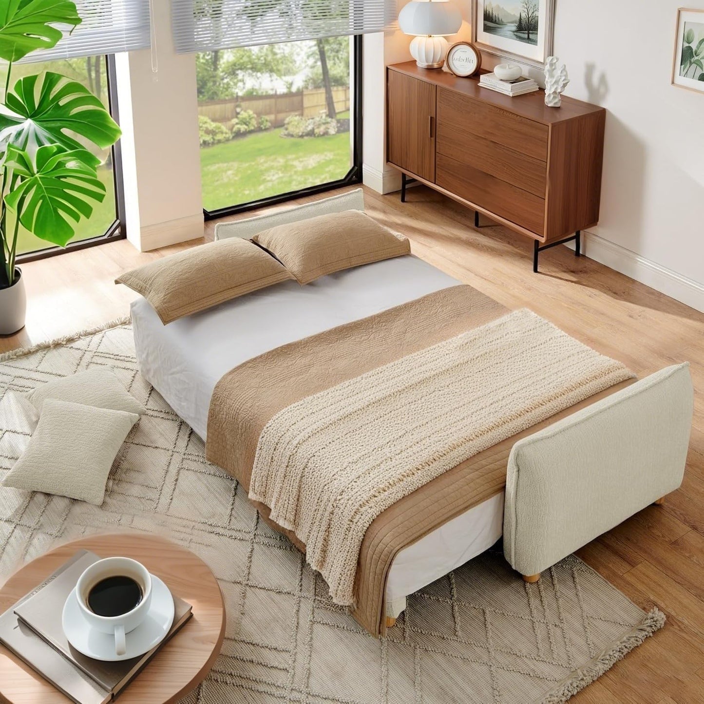 Convertible Sofa Bed, 90" Full Size Sleeper Sofa with Storage, Tufted Chenille 3 Seat Sofa Couches for Living Room, Small Spaces, Guest Room, Apartment, Beige