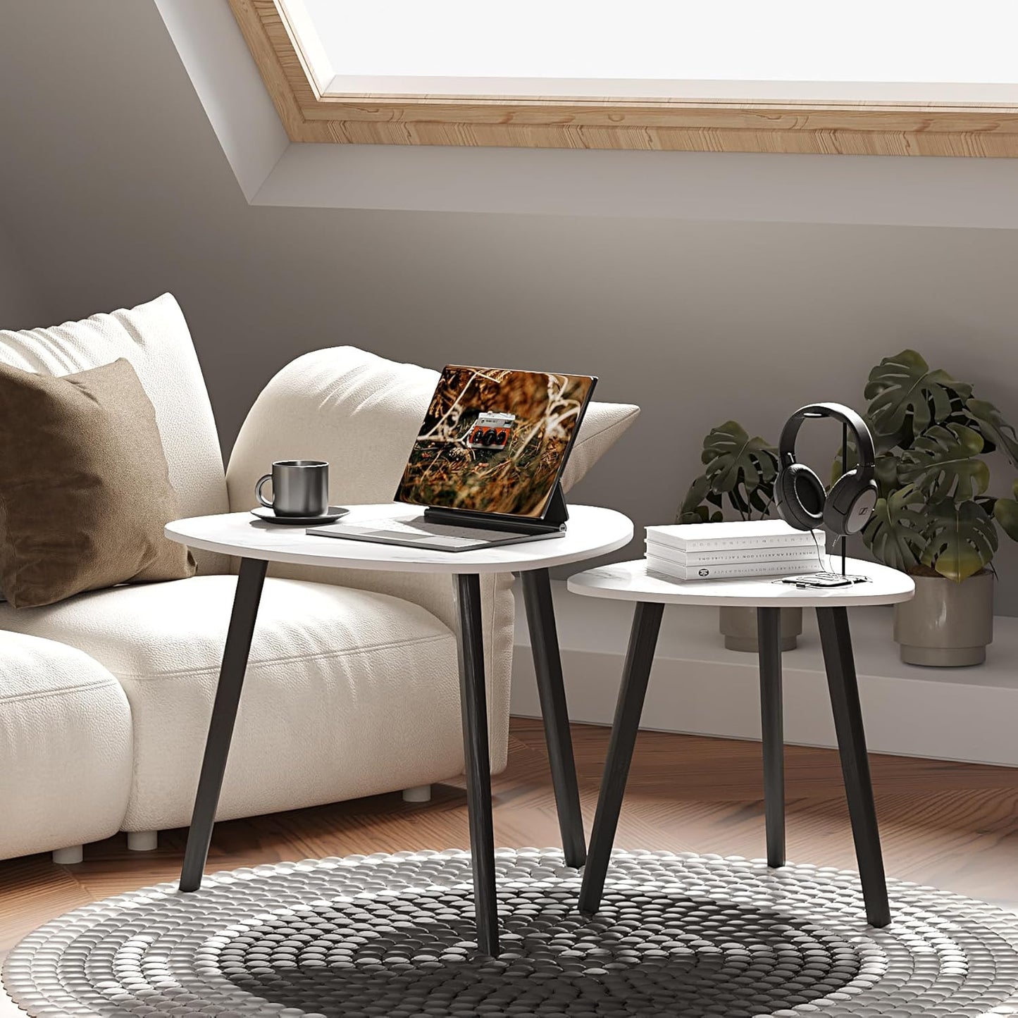 BAMEOS Bamboo Nesting Triangle End Table,Set of 2 Coffee Table Modern Minimalist Side Table for Living Room (Marble White)