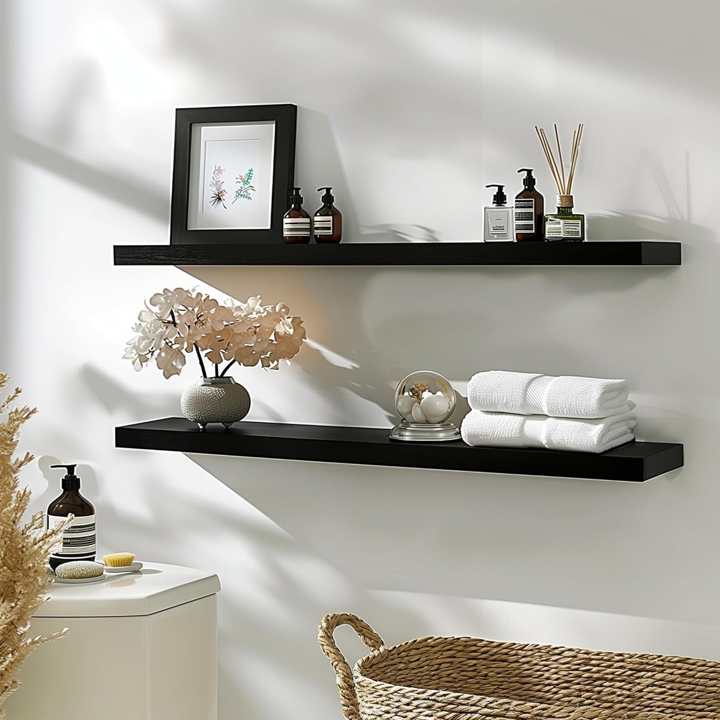 48 Inch Floating Shelves for Wall Rustic Black Wood Wall Shelves for Bedroom Set of 4