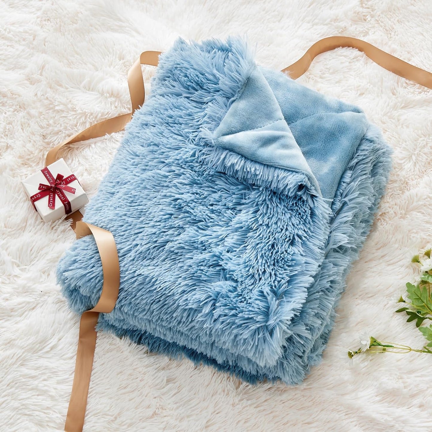 GONAAP Fuzzy Faux Fur Throw Blanket Twin Size Light Blue Super Soft Cozy Plush Fuzzy Shaggy Blanket for Couch Sofa Bed (Light Blue, Twin(60"x80"))