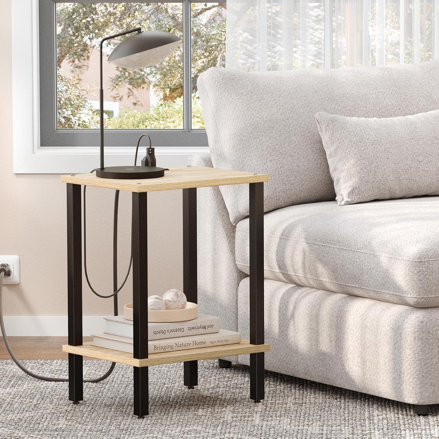 TUTOTAK End Table with Charging Station, Set of 2, Small Side Table with Outlets, Nightstand Bedside Table, 2-Tier Storage Shelf for Small Space, Living Room, Bedroom Oak TB01BO041