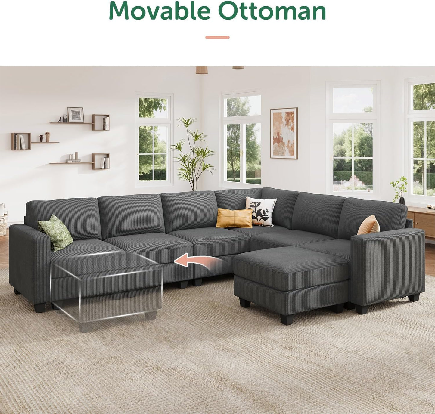 HONBAY Corduroy Sectional Sofa with Storage, U Shape Modular Sectional Sofa with Chaise, Modular Couches for Living Room, Dark Gray