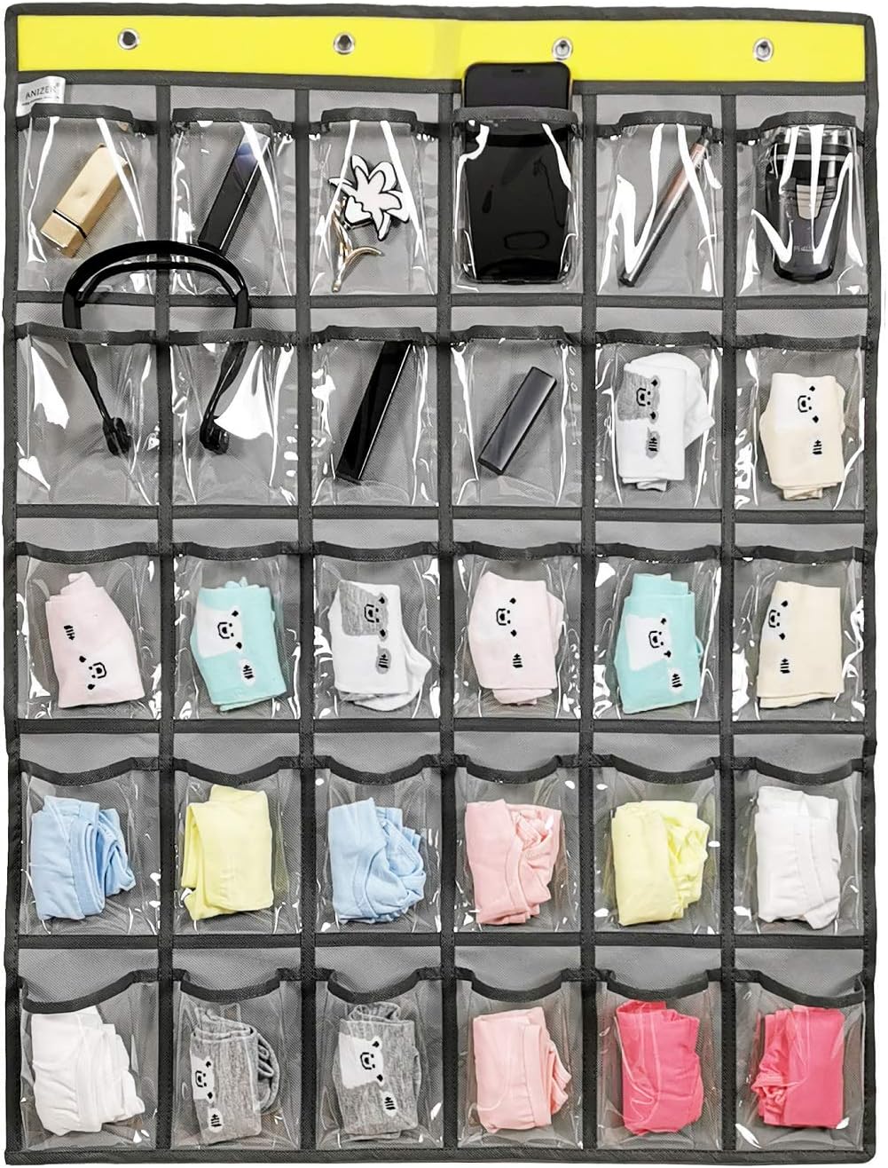 Classroom Pocket Chart for Phone Calculator Holder Over The Door Hanging Closet Jewelry Organizer with 30 Clear Pockets (GREY)