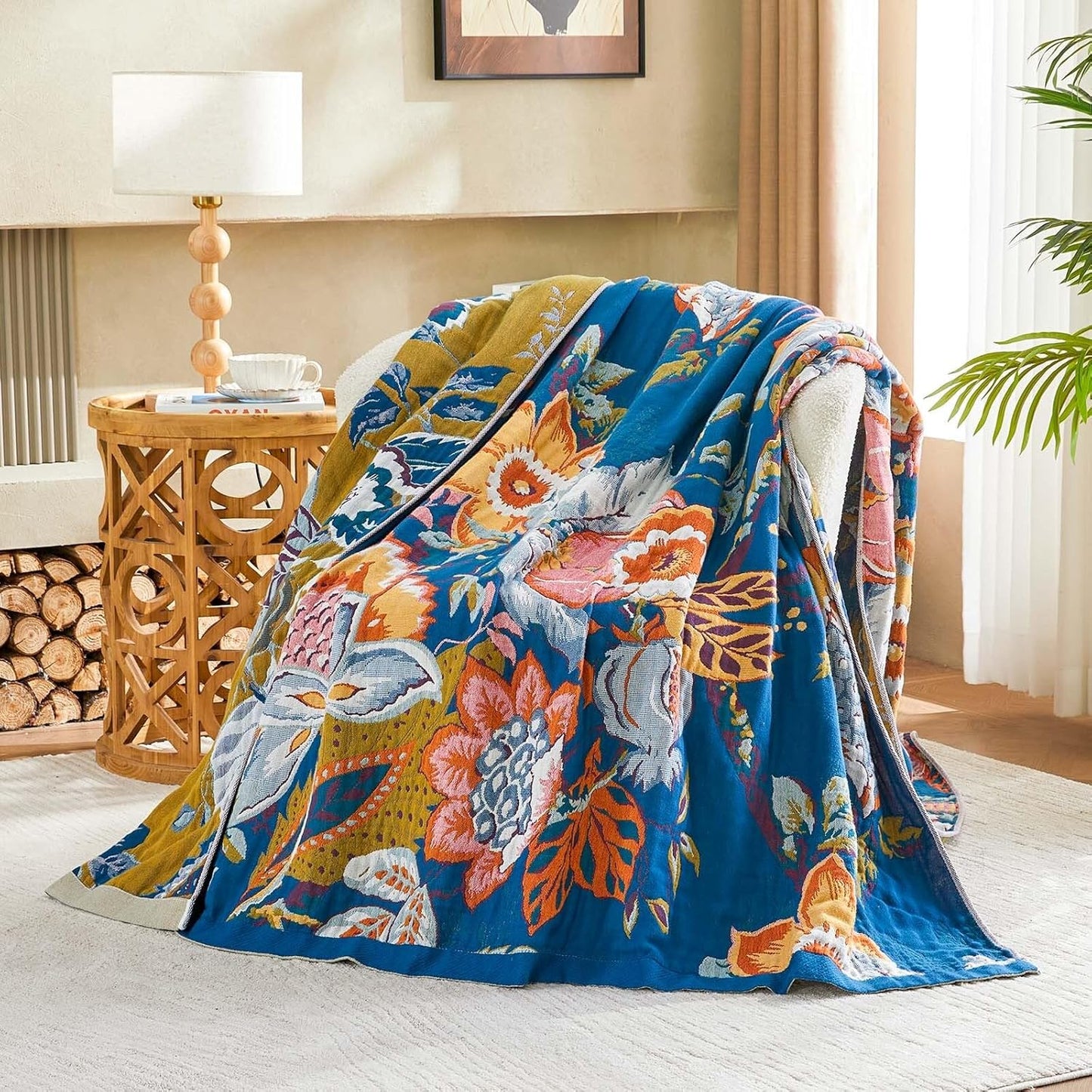 Boho Throw Blanket, Blue Lightweight Blankets for Summer, 100% Cotton Bohemian Decorative Throw Blanket, 80"x90" Reversible Muslin Breathable Woven Farmhouse Blankets Quilt,