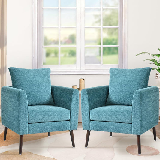 Barrel Accent Chair Set of 2 with Back Pillow, Large Upholstered Armchair with Solid Wood Legs Modern Reading Chairs for Living Room Bedroom