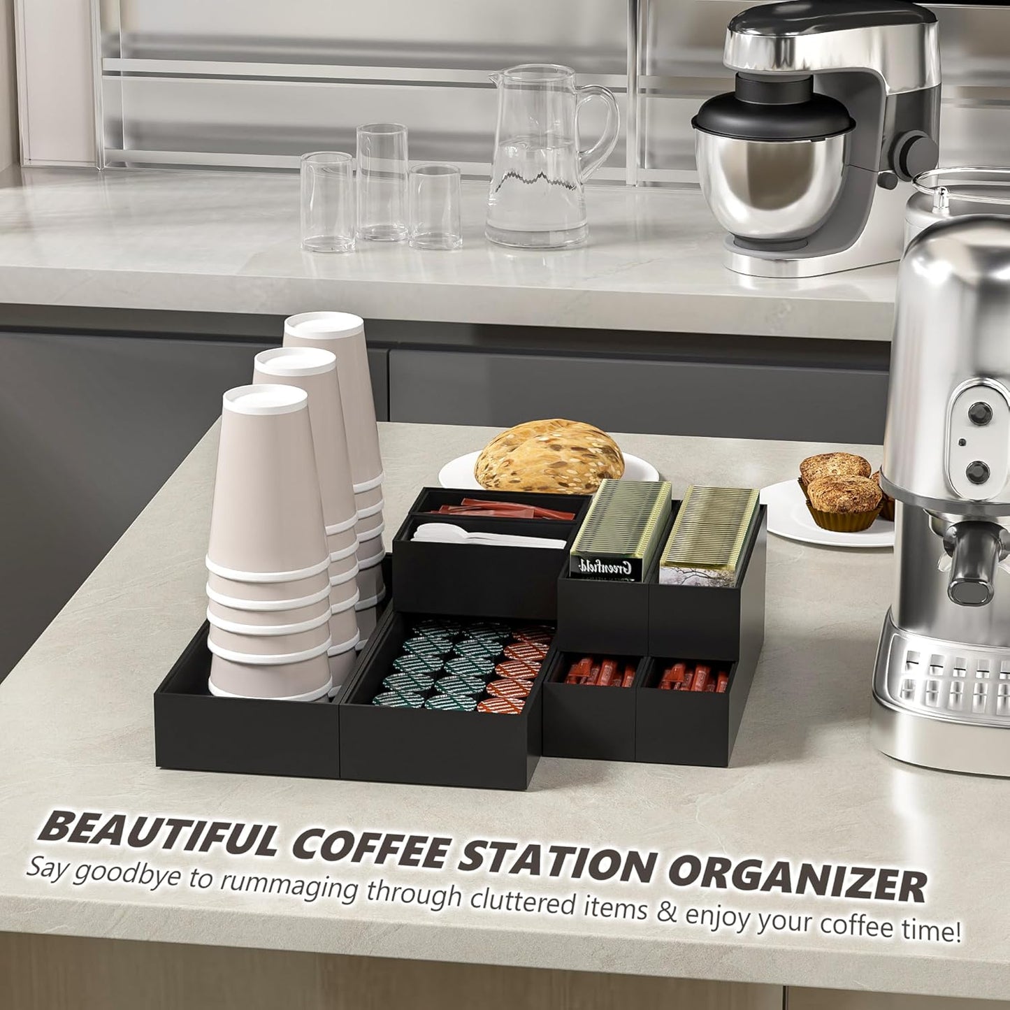 Kitchen Drawer Organizer Bins, Black Bamboo Drawer Organizer Stackable for Silverware, Utensils, Cutlery, Flatware, for Junk Drawer, Dresser, Bathroom, 12" x 3" x 2.5" (Set of 2)