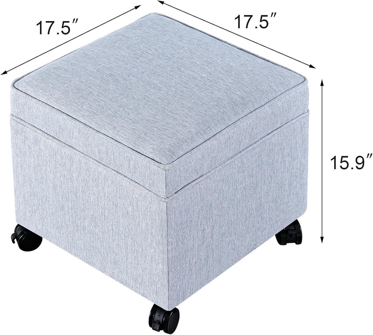 Adeco 17.5" Square Fabric Ottoman with Storage, Upholstered Cotton Linen Foot Rest, Flip Top Footstool, Small Cube Coffee Table Extra Seat for Living Room, Bedroom, Ice Blue with Rolling Legs