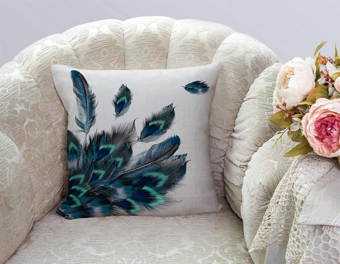 TSSOHU Peacock Feather Watercolor Throw Pillow Case Cushion Cover Couch Sofa Decorative Square 18x18 inches