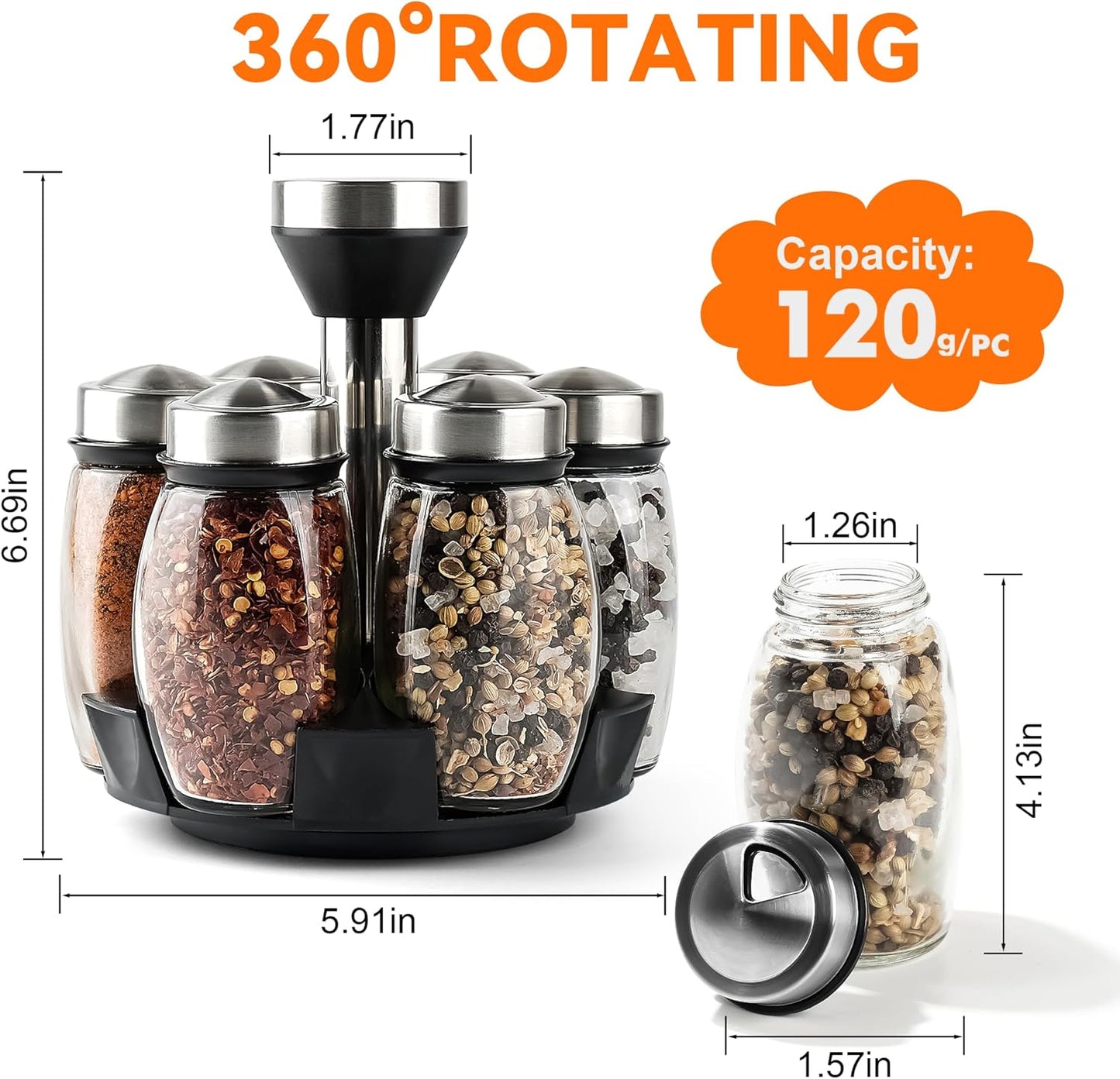 Mlici 6PC Spinning Glass Spice Jars - 360° Rotating Spice Rack Organizer with Jars, Stainless Steel Revolving Seasoning Holder Jars for Countertop Cabinet Kitchen Spices Cruets