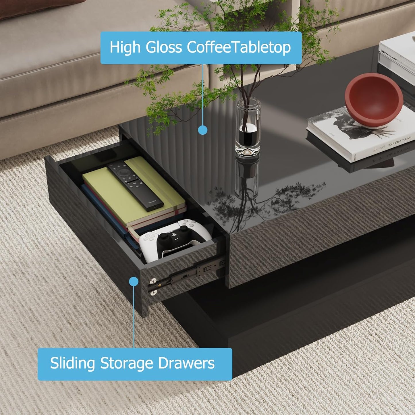 Uspeedy 47.3IN High Glossy LED Coffee Table,Modern Coffee Tables for Living Room,Living Rooms Tables,Large Living Room Furniture,APP LED Lights,Black/White Coffee Table for Livings Room (Black)