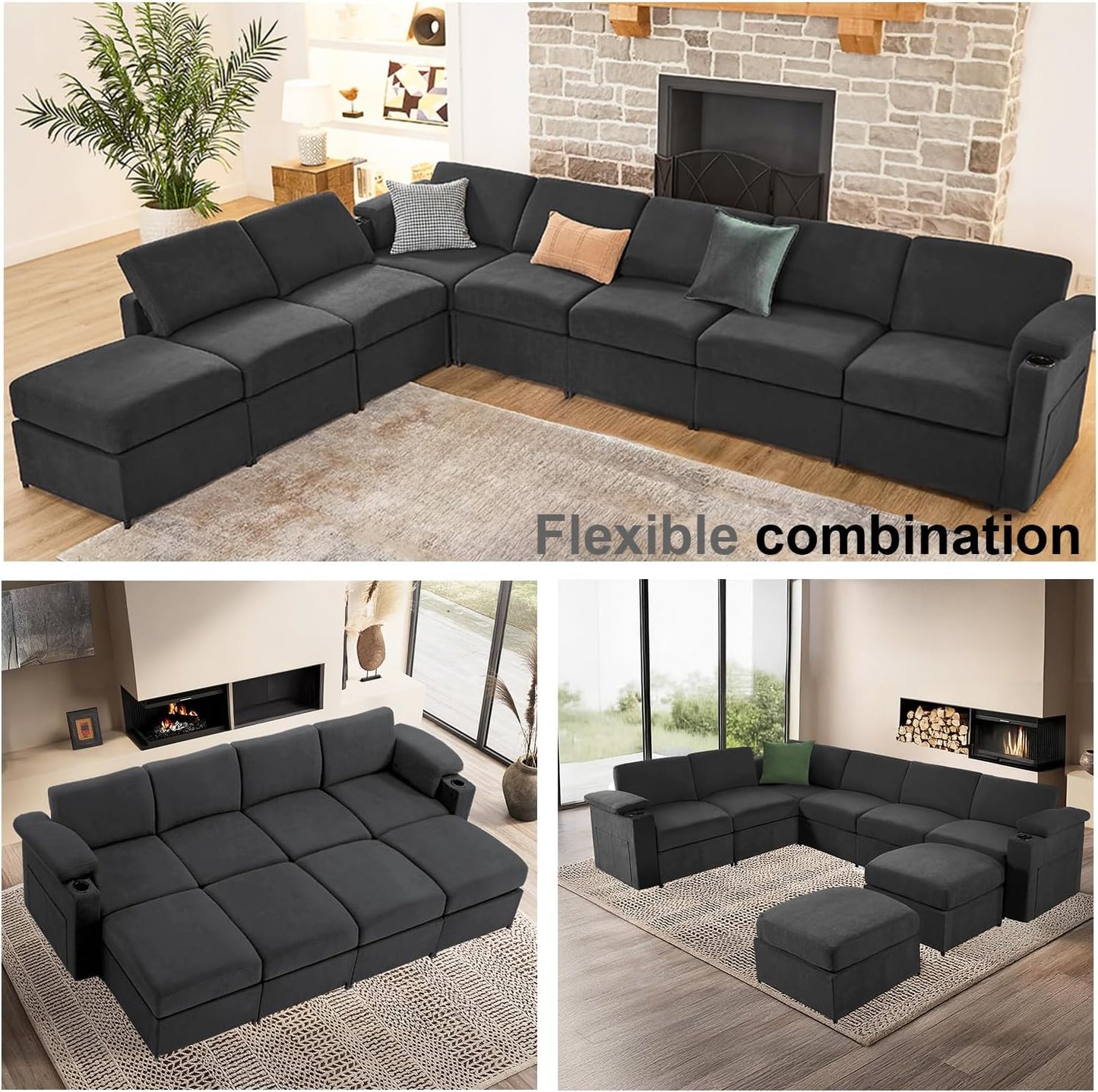 Modular Sectional Sofa Couches for Living Room Velvet Cloud Couch Oversized U Shaped Sectional Couch Convertible Sleeper Sofa Chaise Padded Armrests Cup Holder (Grey, 8 Seats)
