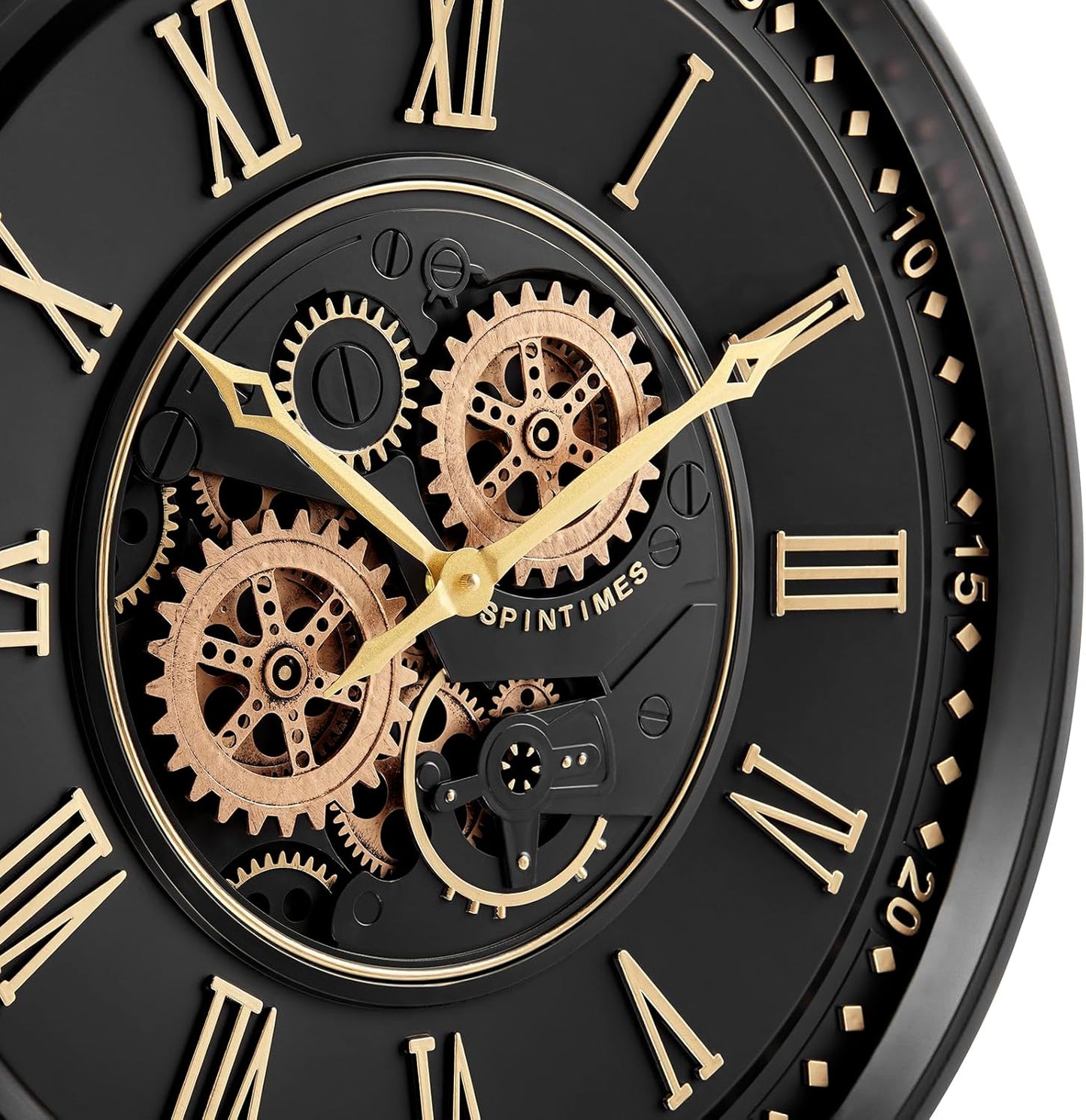 CLXEAST 24 Inch Wall Clock with Moving Gears, Black Gold Roman Numeral Wall Clocks for Modern Farmhouse Living Room Decor,House Warming Gifts New Home