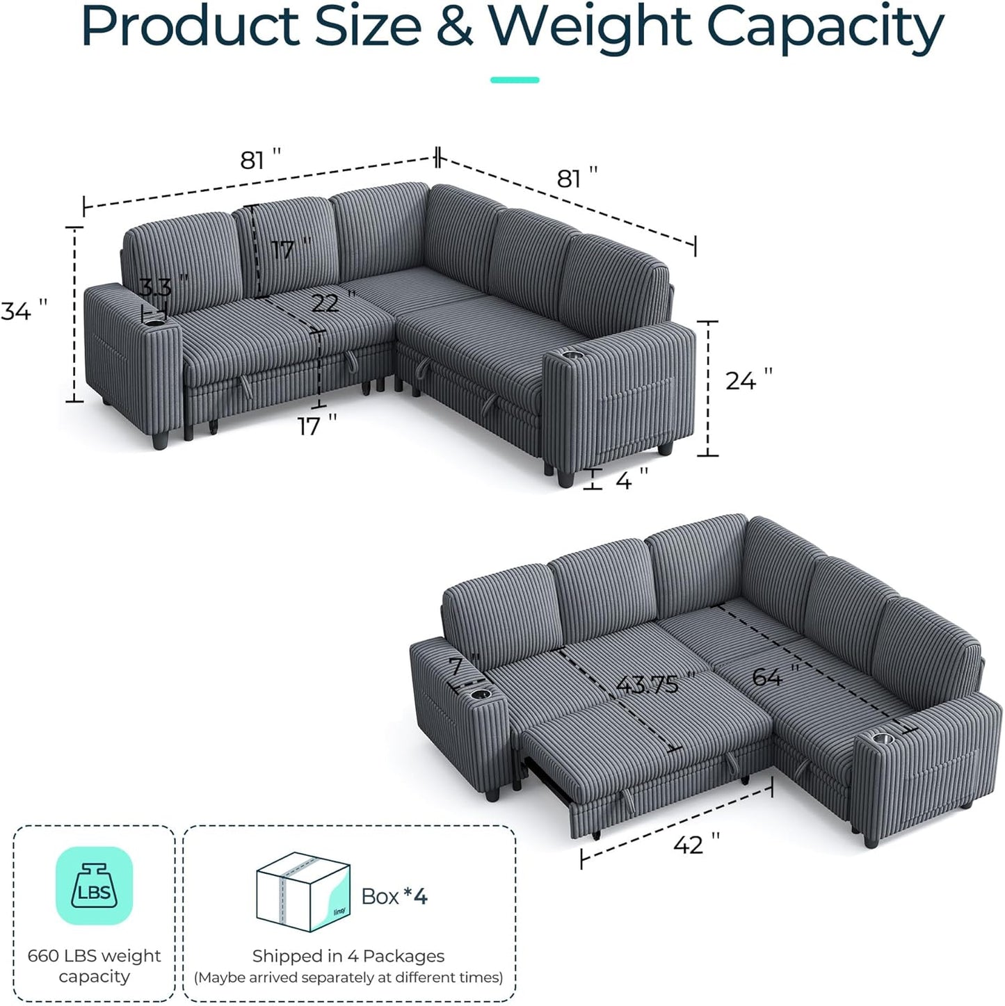 LINSY HOME Sectional Sleeper Sofa with Pull Out Couch Bed - Convertible Plush Corduroy Cloud Couch with Storage Chaise & USB Charging, Comfy L Shaped Modular Couches for Living Room Apartment (Grey)