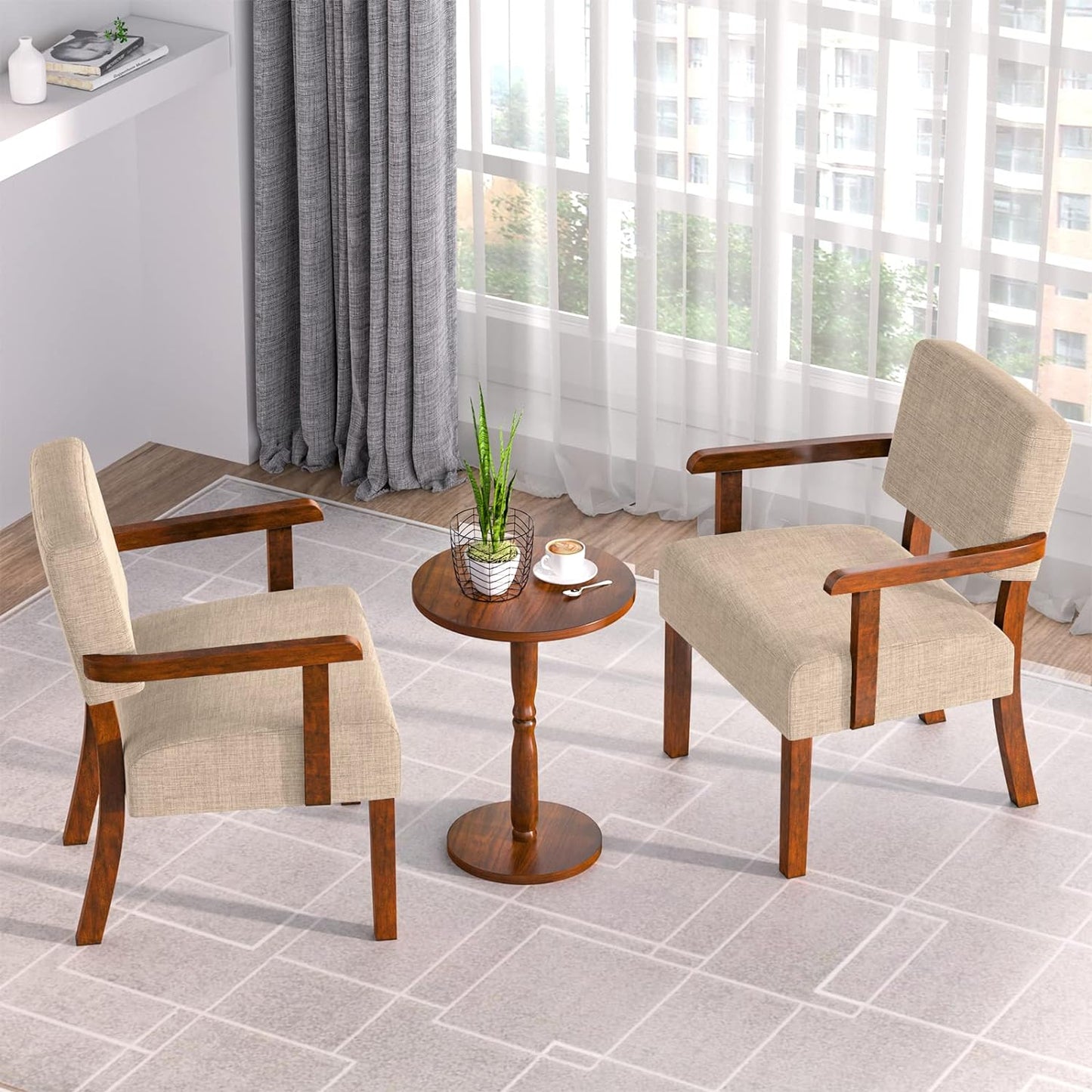 Accent Chair Set of 2 with Table, Living Room Chairs with Soft Seat and Armrests for Living Room Bedroom Reading Room Waiting Room (Beige) (AC01)