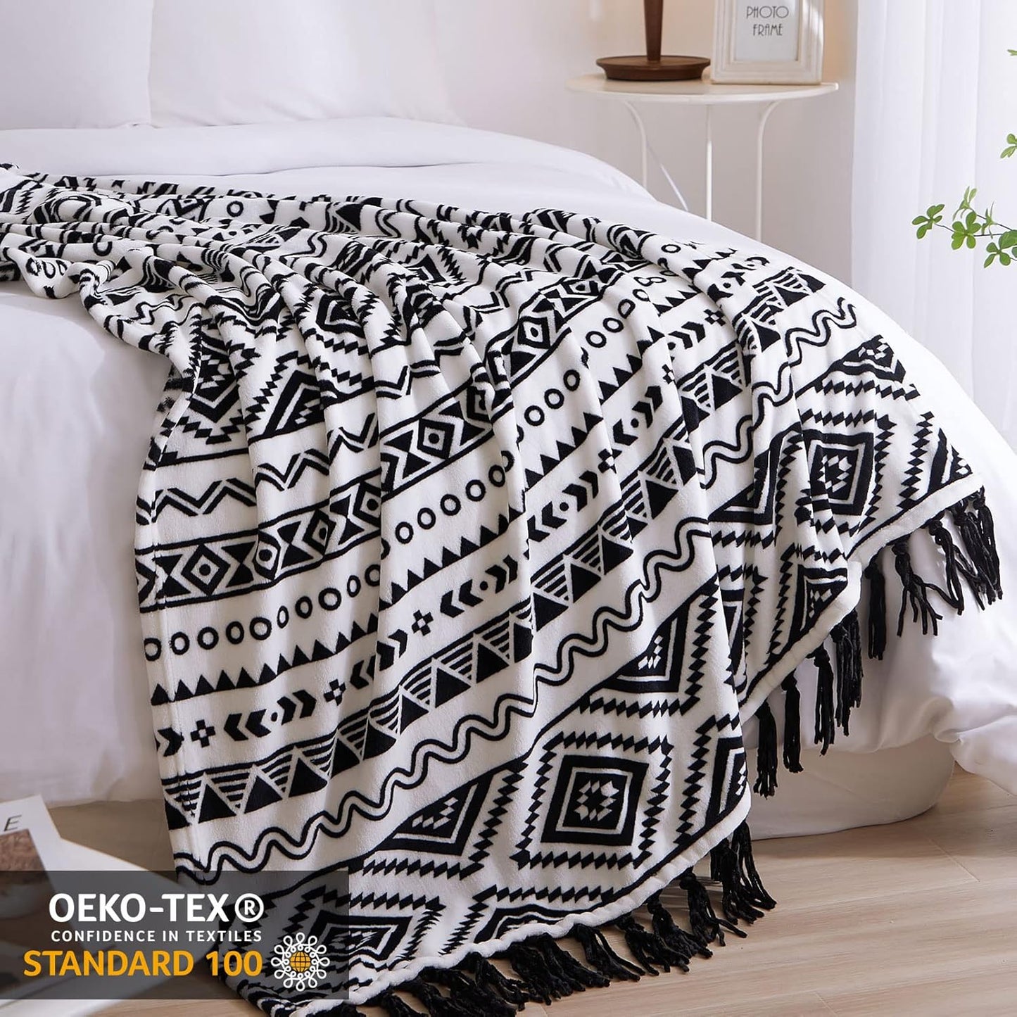 CASAAGUSTO Boho Throw Blanket - Black and White Decorative Blankets with Tassel, Printed Flannel Bohemian Blanket for Chair, Bed, Sofa, Couch(50 * 60, Black and White)