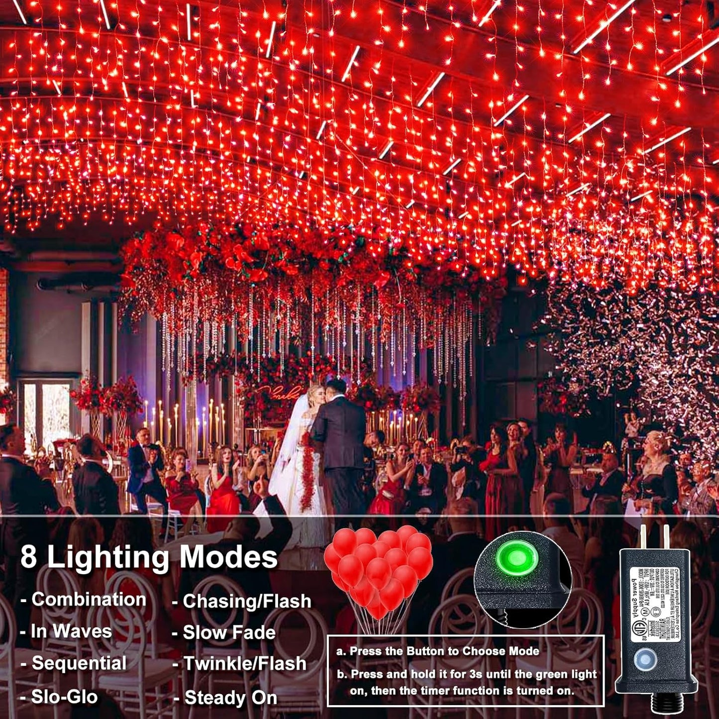 Icicle Lights for Outside, 33FT 400 LED Christmas Lights with 8 Modes 75 Drops, Waterproof Plug in Curtain String Light for Outdoor Indoor House Patio Fence Wedding Decorations, Red