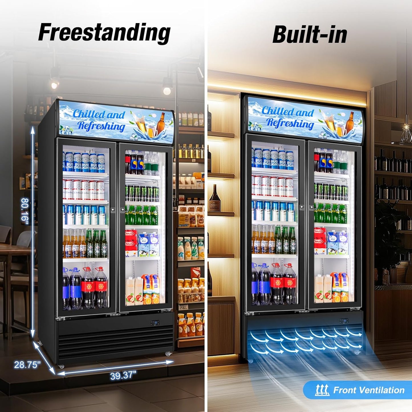 Commercial Beverage Refrigerator, 40 Inch 35 Cu.Ft. Commercial Drink Fridge, Display Refrigerator with Double Glass Door, Commercial Display Fridge with 8 Adjustable Shelves, for Shop,Restaurant,Bar