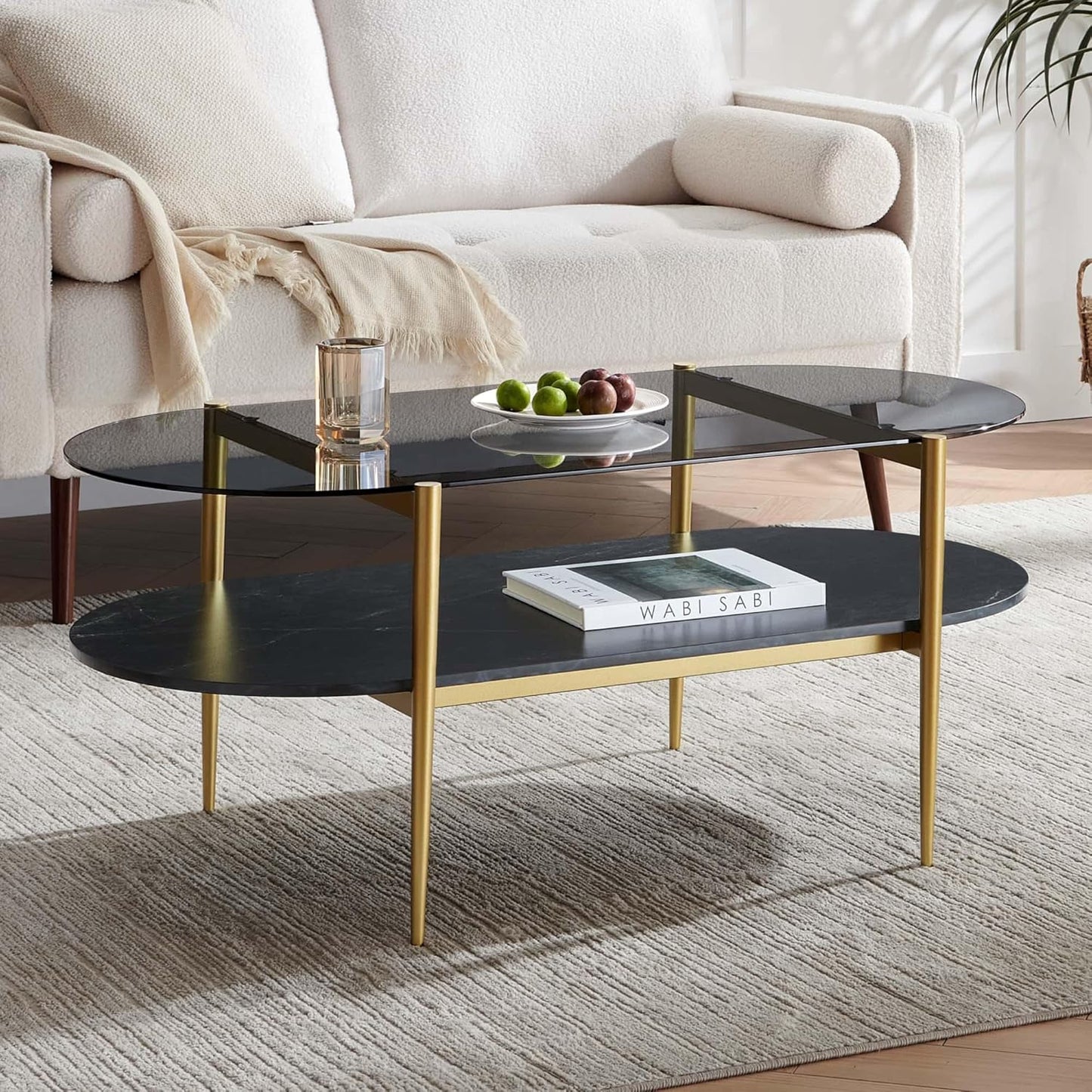 Oval Glass Coffee Table, Mid-Century Modern Design, L41 x W21 x H17 inch, for Living Room, Grey Glass Top, Black Marble Finish Wood Shelf & Gold Finish Frame