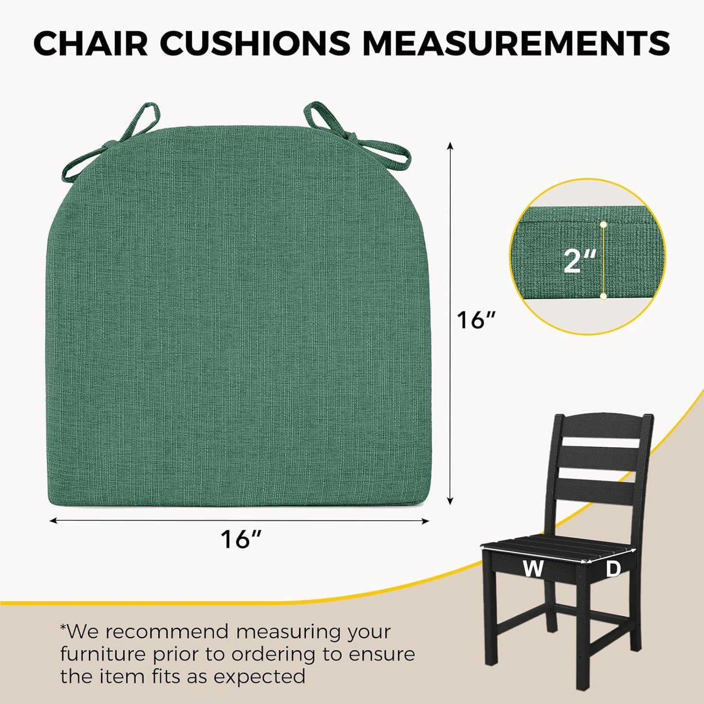 downluxe Indoor Chair Cushions for Dining Chairs, Soft and Comfortable Textured Foam Kitchen Chair Pads with Ties and Non-Slip Backing, 16" x 16" x 2", Dark Green, 6 Pack