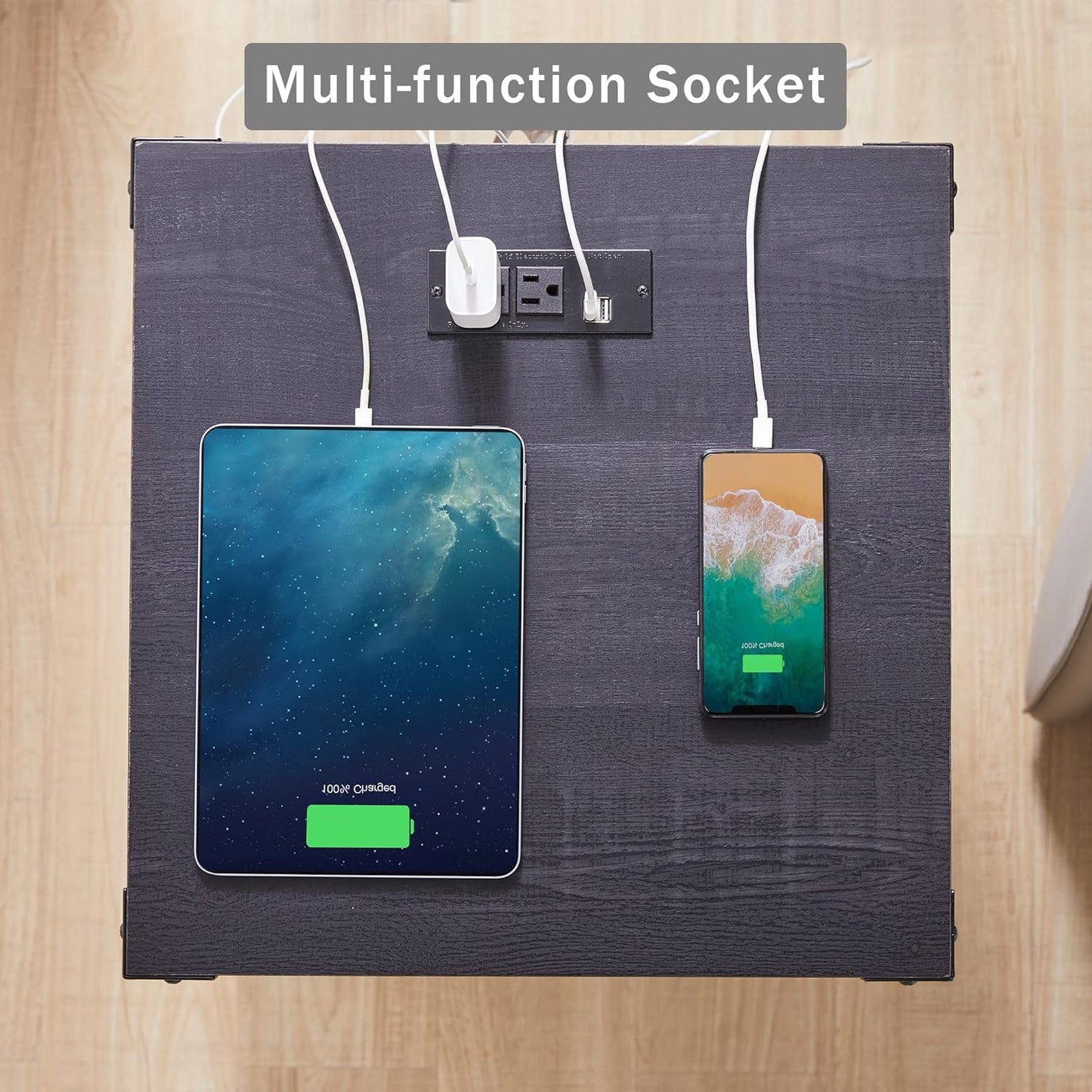 JXQTLINGMU Farmhouse End Table with Charging Station, 18'' Rustic Nightstand with Barn Door & Adjustable Shelf, Wooden Sofa Side Table with 3-Tier Storage for Living Room, Bedroom, Black