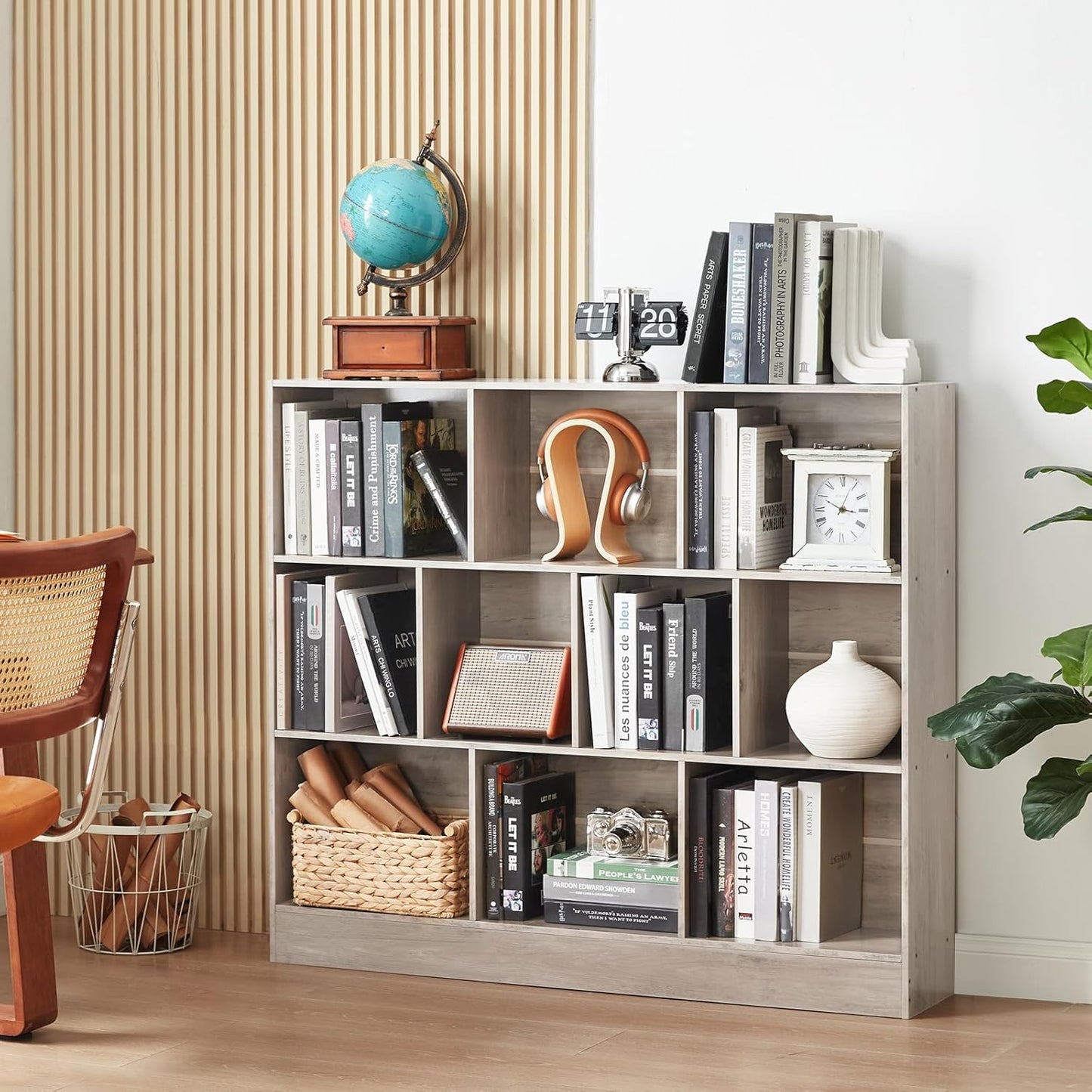 LEYAOYAO 10 Cube Bookshelf with Base,3 Tier Mid-Century Modern Grey Bookcase,Standing Wide Bookshelves Storage Organizer Shelf,Rustic Wood Display Cabinet Book Shelves for Bedroom,Living Room,Office