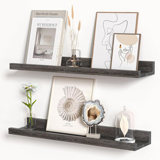 Floating Shelves for Wall, Picture Ledge Shelf 24 Inch Solid Wood Set of 2, Rustic Wall Shelves with Lip, Kids Bookshelf, Photo & Picture Live Edge Floating Shelves for Bedroom, Living Room, Kitchen
