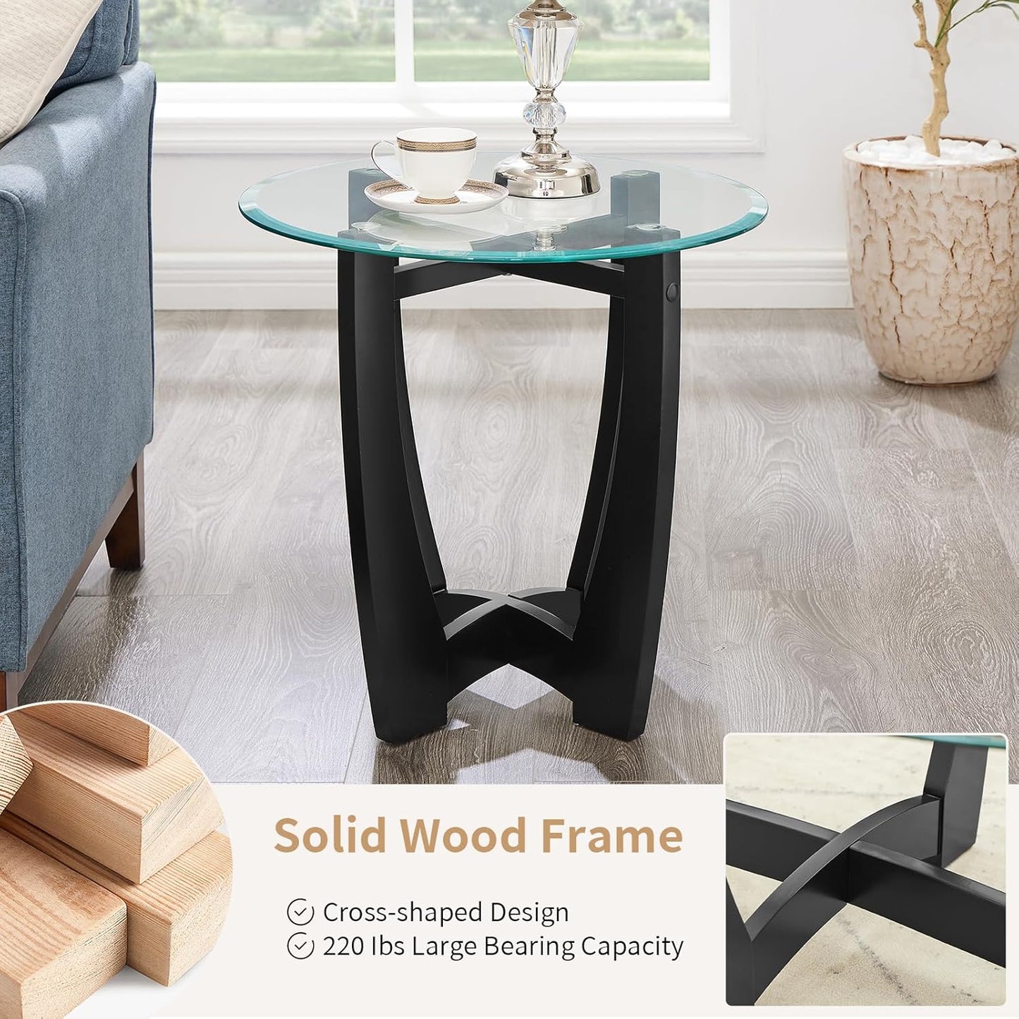 Glass End Table, 23.5" Round Side Tables with Tempered Glass Top Cross and Solid Wood Base Small Night Stand for Living Room Office Apartment Black