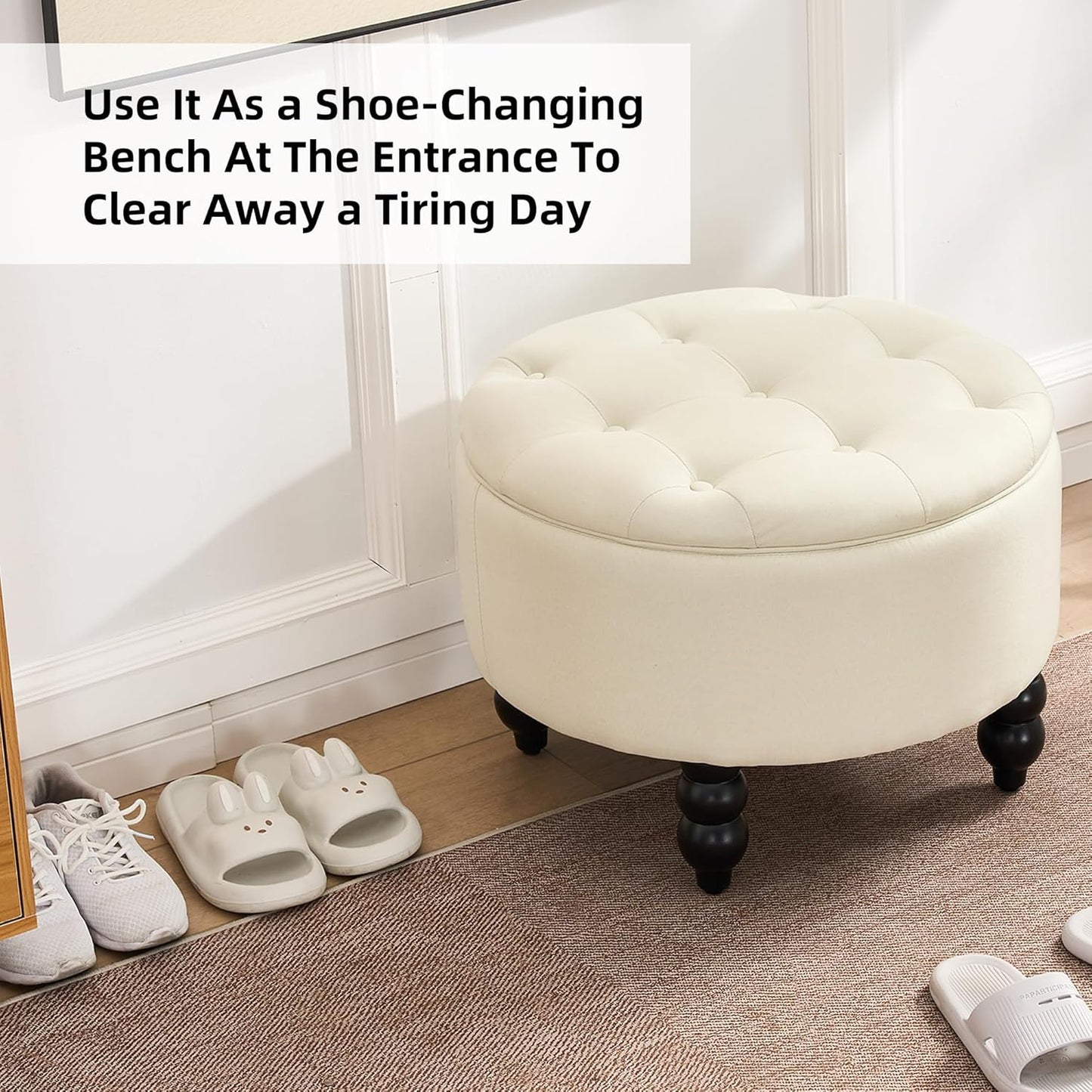 Fabric Round Ottoman with Storage, Upholstered Tufted Storage Footstool, Modern Wooden Coffee Table for Living Room, Bedroom, Beige