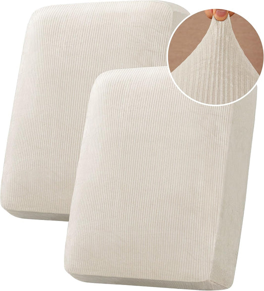 H.VERSAILTEX Velvet Stretch Couch Cushion Cover Plush Cushion Slipcover for Chair Loveseat Sofa Cushion Furniture Protector Seat Cushion Sofa Cover (2 Piece Medium Sofa Cushion Covers, Ivory Striped)