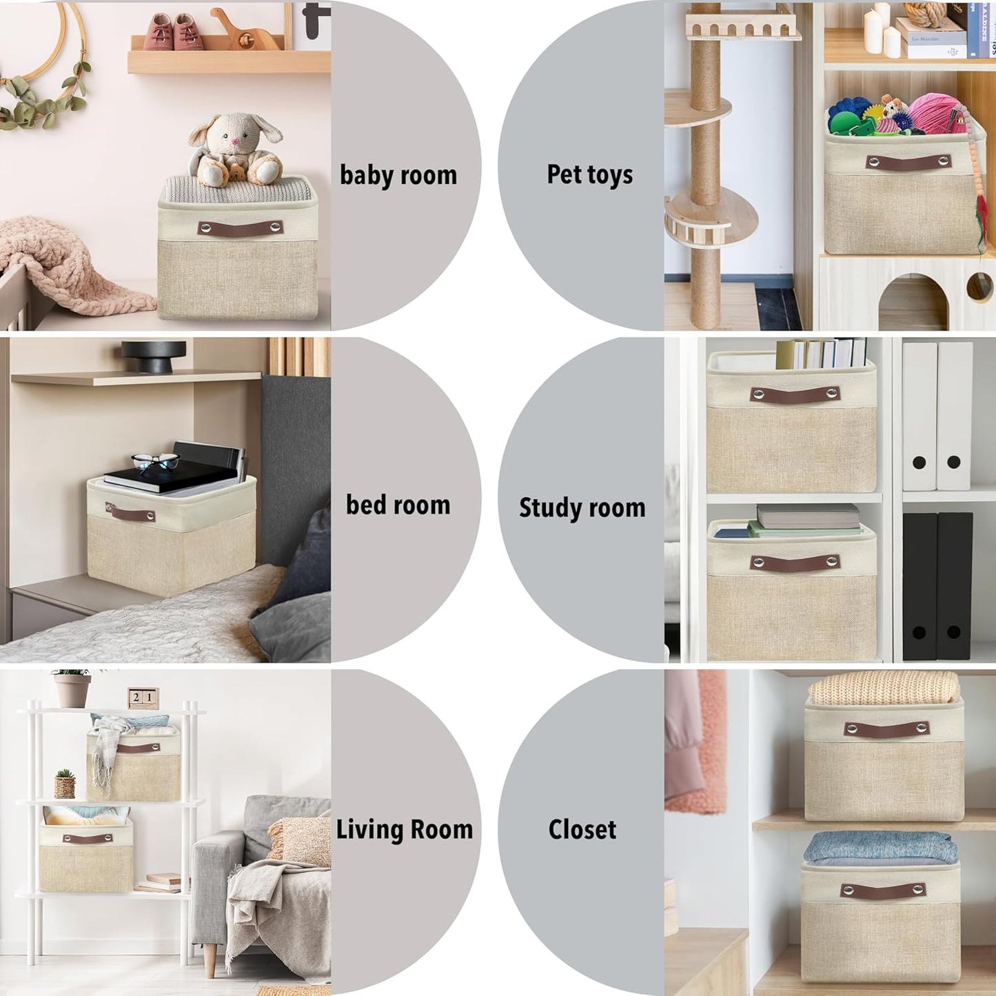 SIMPLE HOUSEWARE Large Fabric Storage Bin, 15" x 11" with Leather Like Handles, 3 Pack, Beige