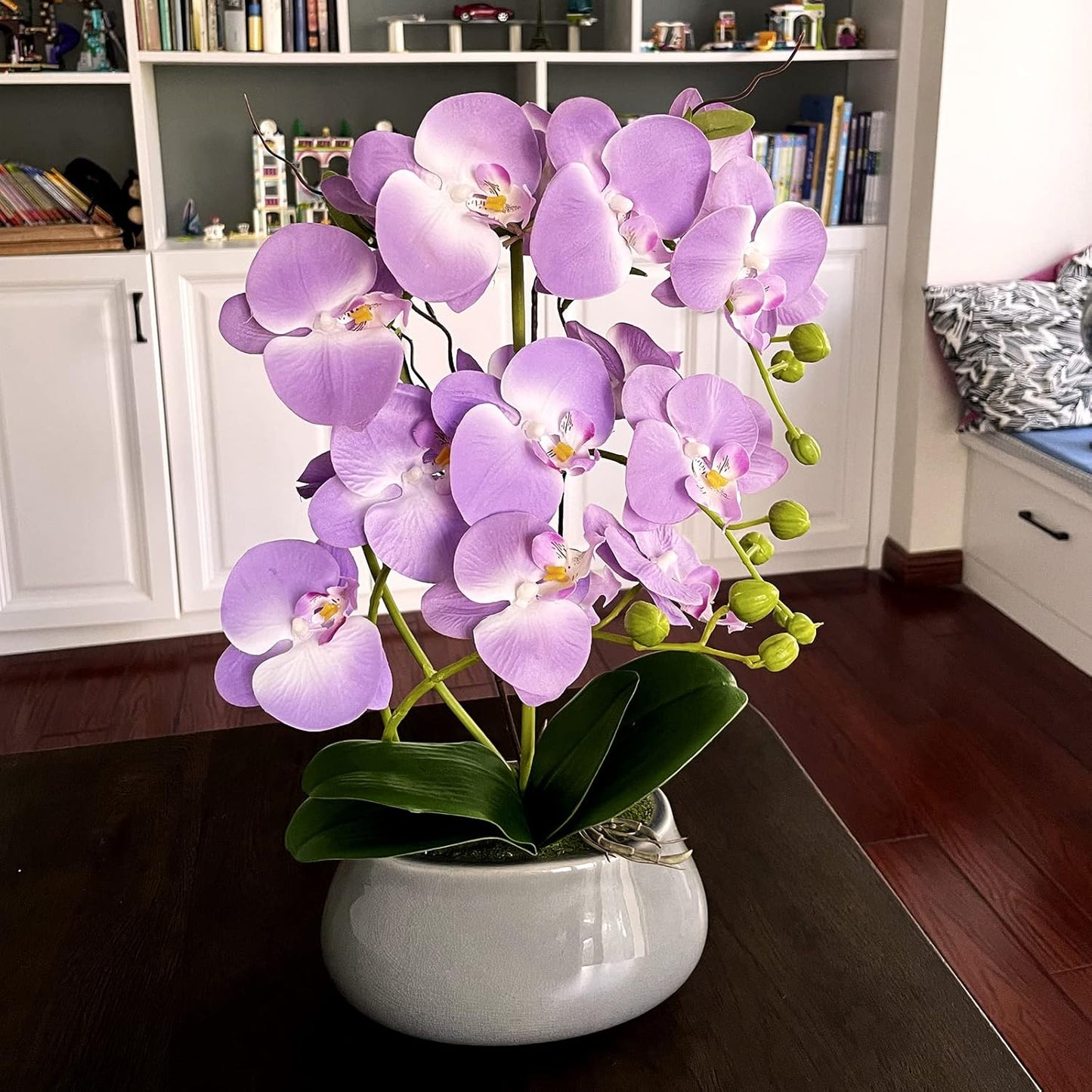 SJC Orchids Artificial Flowers with Gray Vase Purple Faux Orchid Phalaenopsis Arrangements for Kitchen Table Centerpiece Home Decoration Indoor(3.54" D x 7.87" W x 20" H)