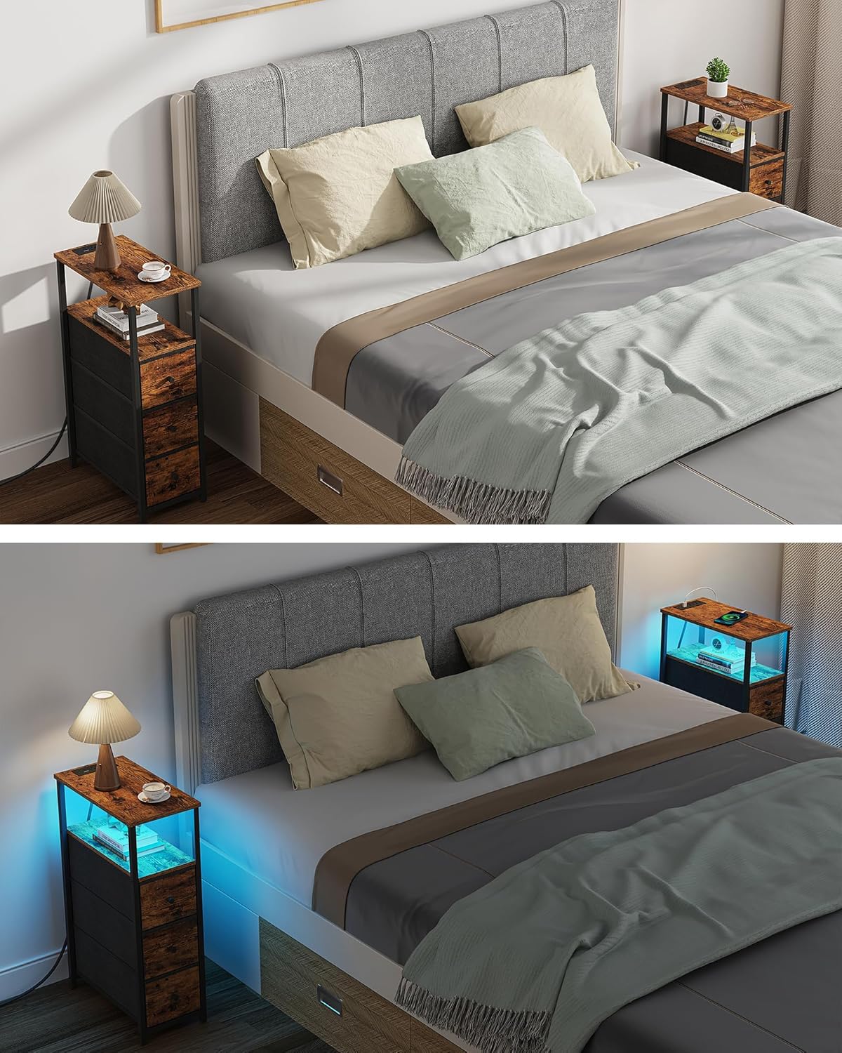 TUTOTAK Narrow LED Night Stand with Charging Station, Slim End Table with Plugins, Tall Side Table with 3 Fabric Drawer, Small Bedside Table with Storage, for Living Room, Brown TB01BB086L