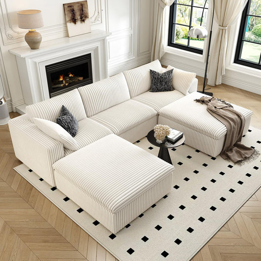 118" Cloud Couch Modular Sectional Sofa for Living Room,Modern Sofa with Deep Seat，U-Shape Boneless Couch with 2 Ottoman,Comfy Upholstered Corduroy Couches for Apartment, Studio, Office,Bedroom，White