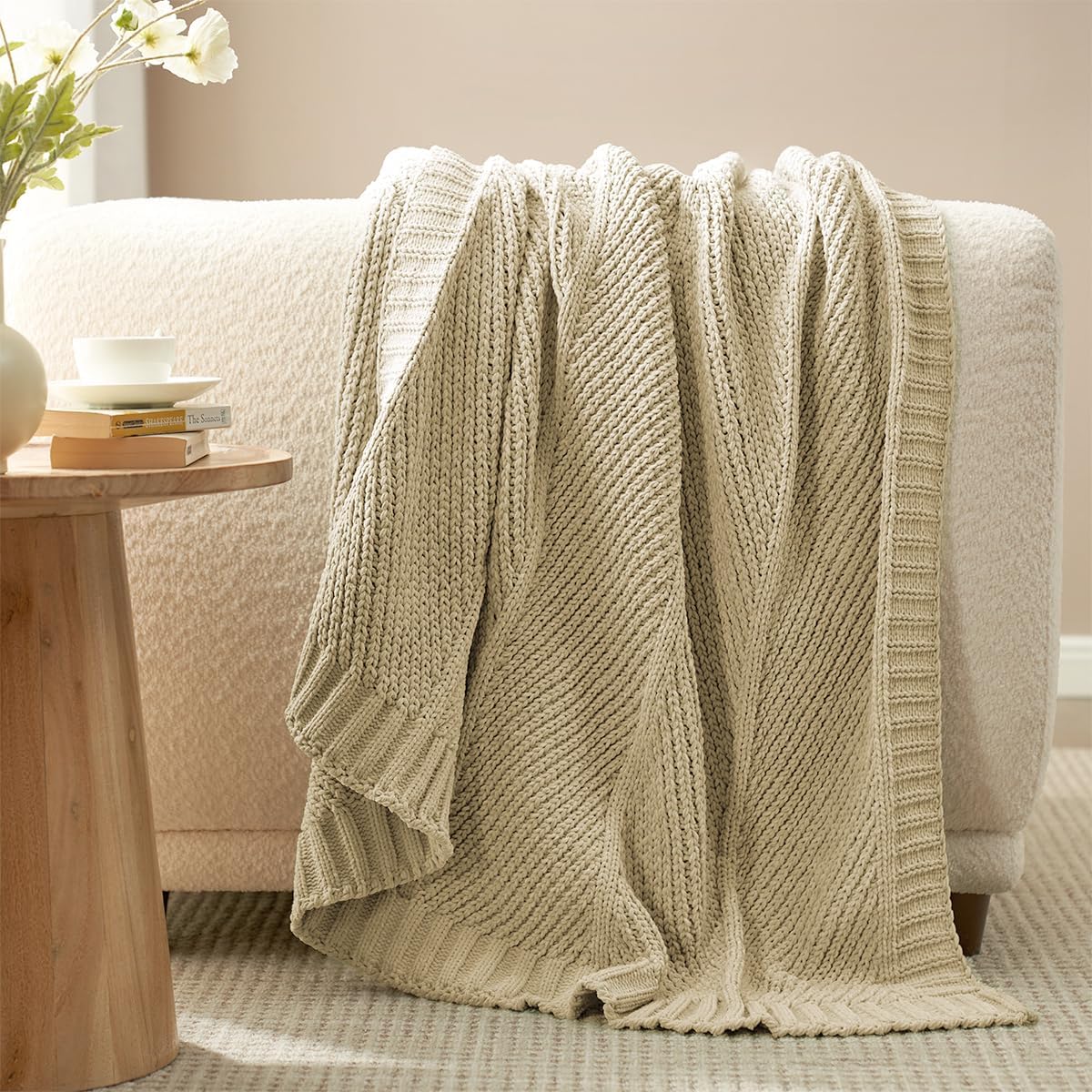 Amélie Home Chenille Knit Throw Blanket for Couch, Chevron Texture Decorative Soft Blanket for Sofa, Bed & Chair, 50"x60", Beige