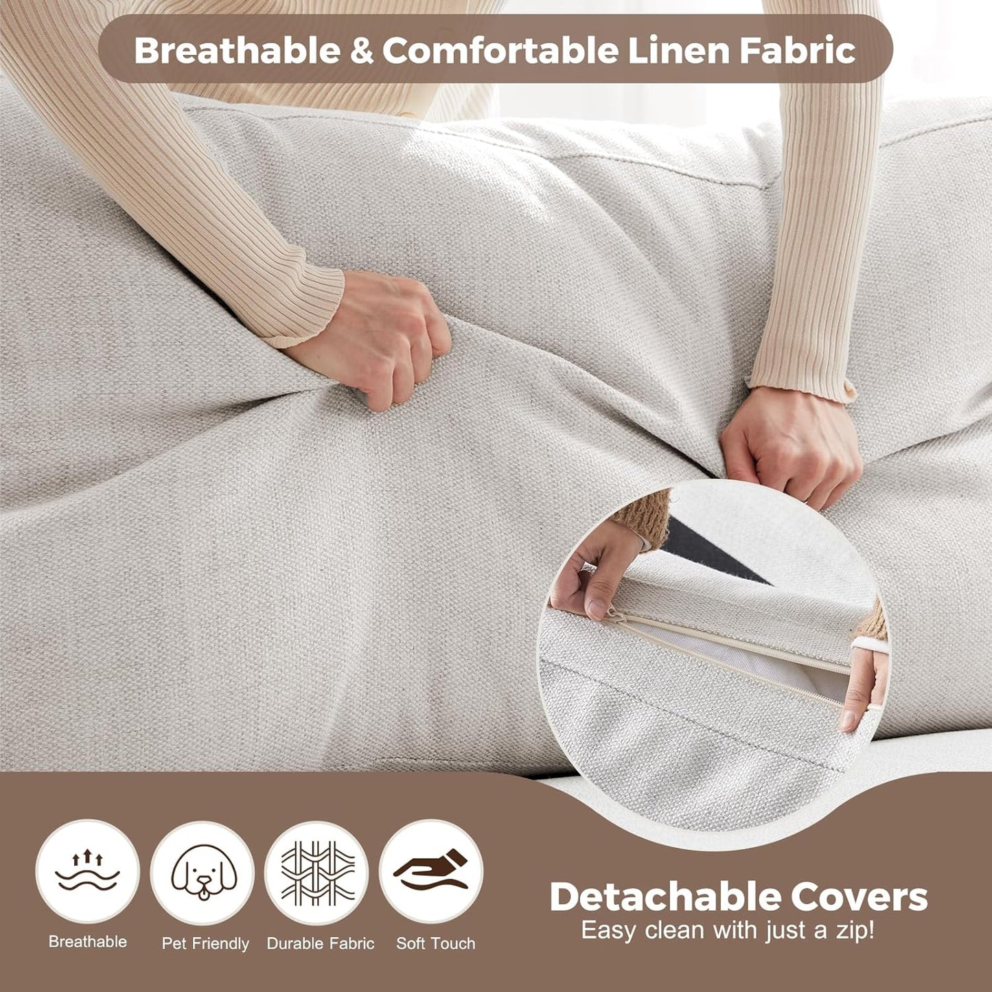 112" L Shaped Sectional Sofa with Detachable Sofa Cover, Reversible Sectional Modular Couch for Living Room, Linen Fabric Corner Couch with 7 Seats, Ivory