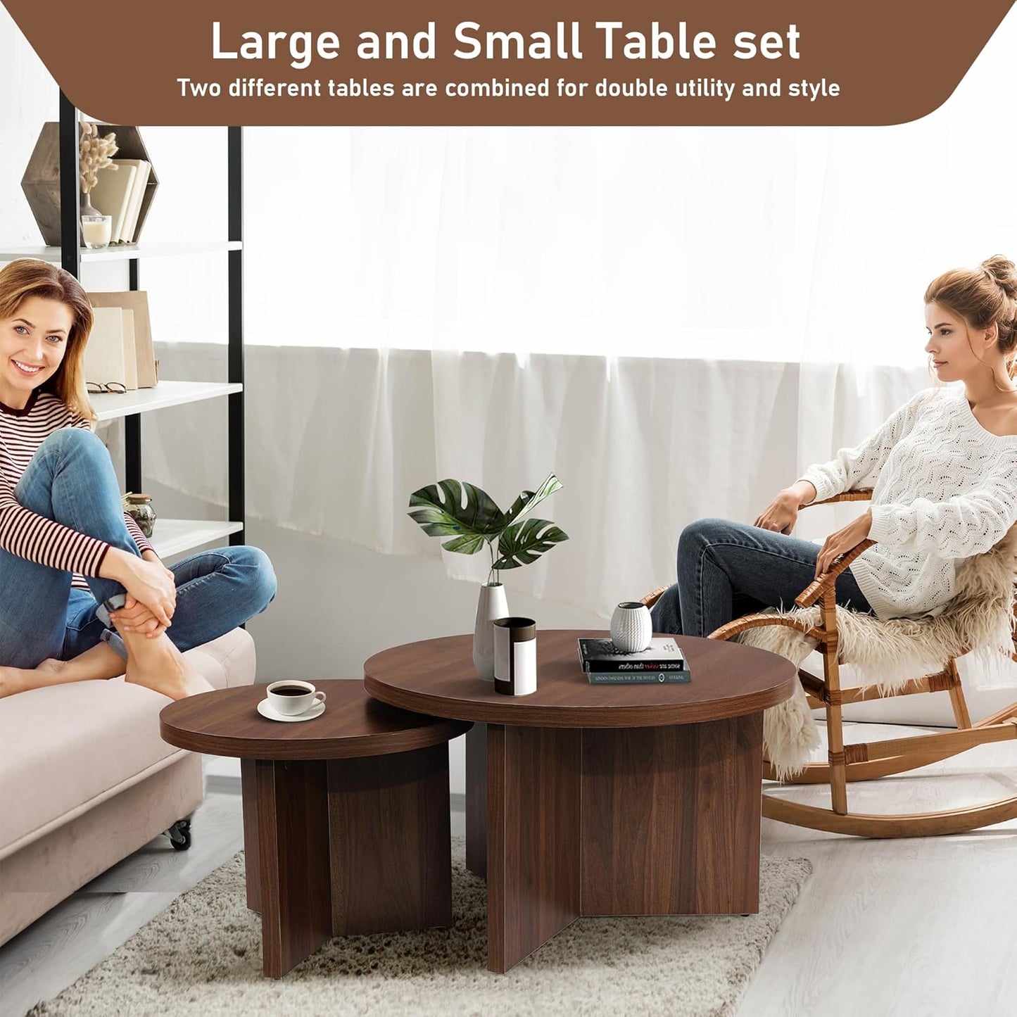 Round Nesting Coffee Tables Set of 2, Modern Stacking Table with Wood Grain Finish, End Table Side Tables for Living Room (Walnut)