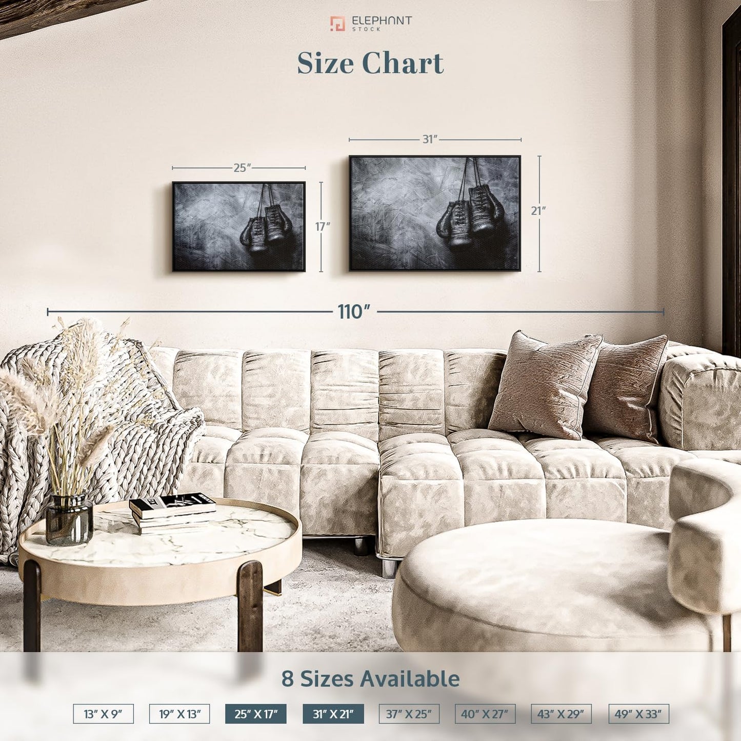 ElephantStock Boxing Gloves Wall Art - Horizontal Framed Canvas - 1-Piece Living Room Wall Decor - Photography Sports Canvas Print - Black and Gray Decor for Wall - 31" X 21"